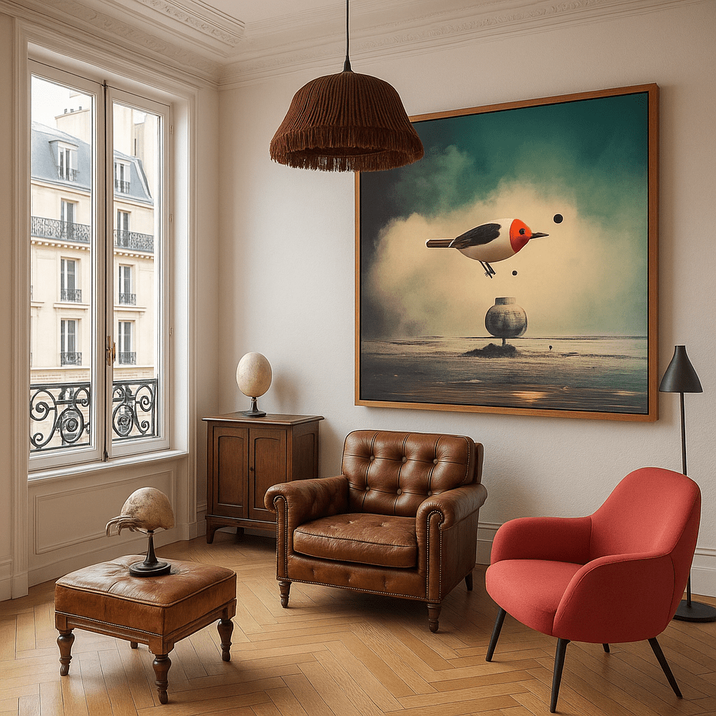 Canvas Print : Red - Crested Bird - Surreal Landscape Canvas Art Print modern abstract canvas wall art by Rossetti Art – luxury interior design artwork for living room, bedroom, office – fantasy wall art canvas nature inspired wall art Surreal Bird Art