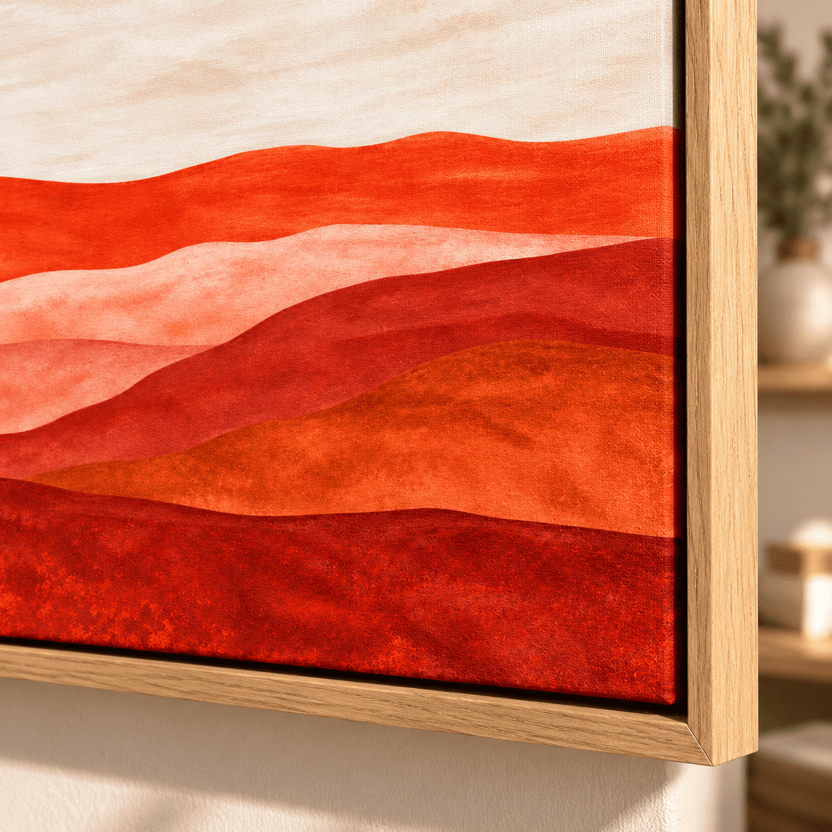 Red Landscape Painting – Crimson Ridge canvas in a living space by Rossetti Art