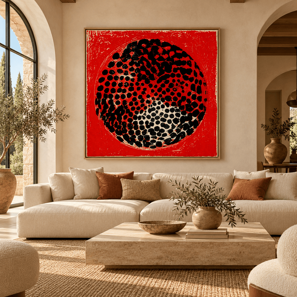 Red Wall Decor – Ember Halo canvas print in oak floater frame above a living room sofa