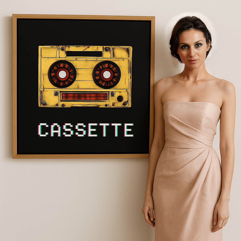 Canvas Print: Retro Cassette Glitch – 80s Pop Art Poster modern abstract canvas wall art by Rossetti Art – luxury interior design artwork for living room, bedroom, office – 80s Wall Decor Glitch Art Print Mixtape Vibes Artwork