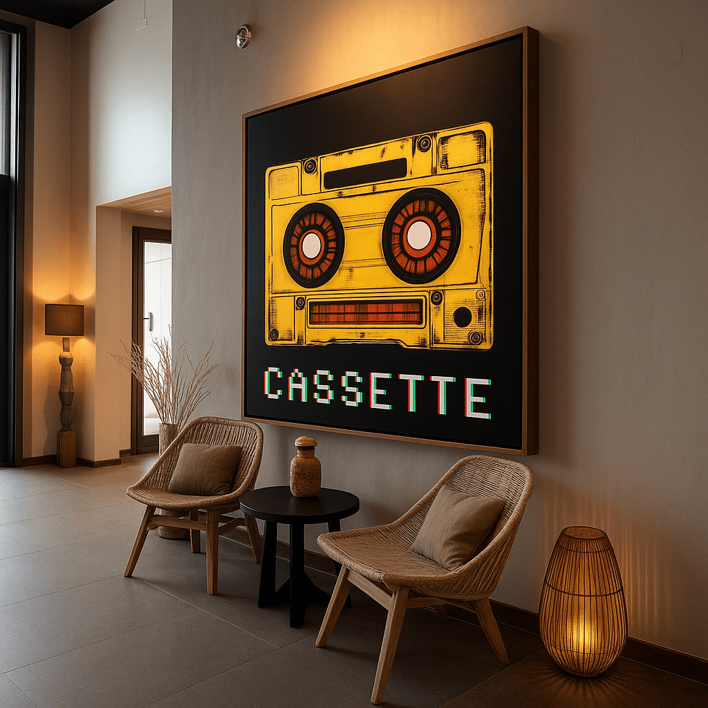Canvas Print: Retro Cassette Glitch – 80s Pop Art Poster modern abstract canvas wall art by Rossetti Art – luxury interior design artwork for living room, bedroom, office – 80s Wall Decor Glitch Art Print Mixtape Vibes Artwork