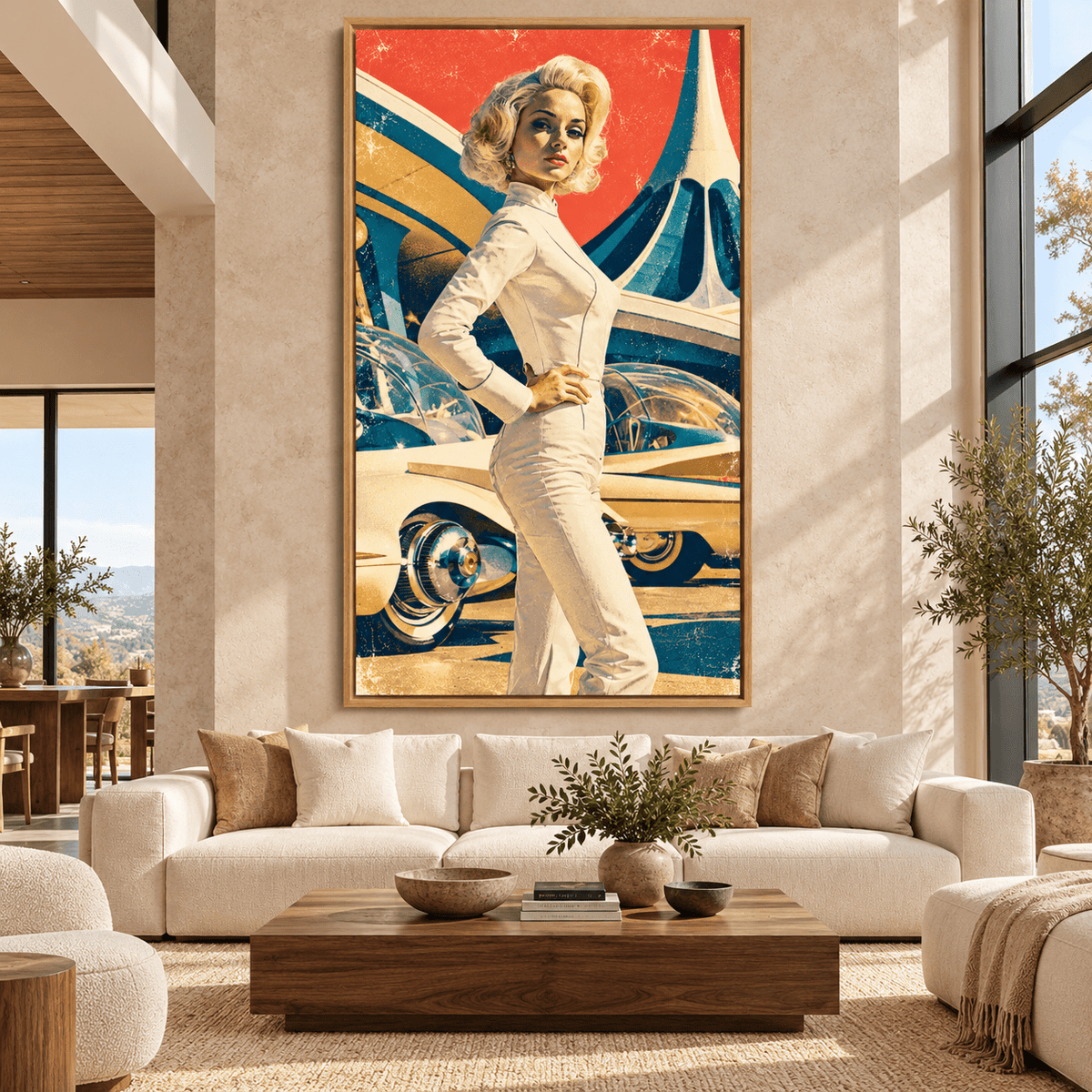 Retro futuristic art canvas print Chrome Muse above a cream sofa in a modern living room