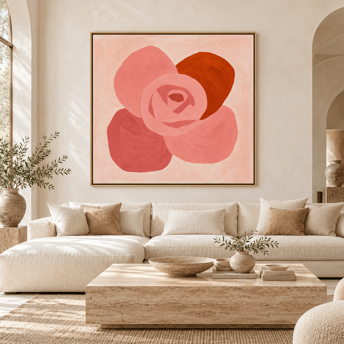 Rose wall art Blush Rosette above a cream sofa in a living room – Rossetti Art