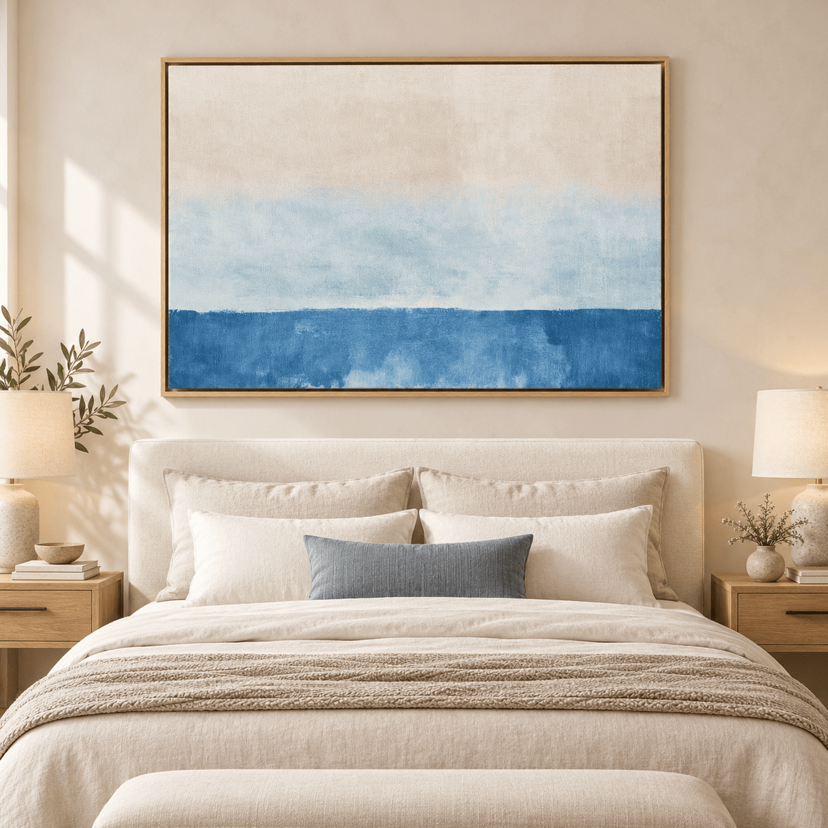 Salt wash blue and beige canvas print Linen Horizon above a bed in a bedroom – Rossetti Art