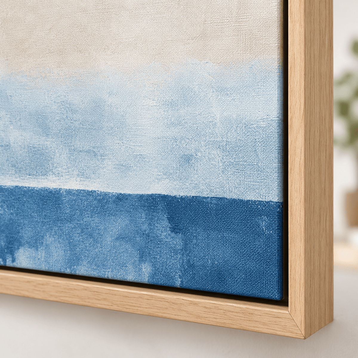 Corner detail of the Linen Horizon salt wash blue and beige canvas print showing the linen weave – Rossetti Art