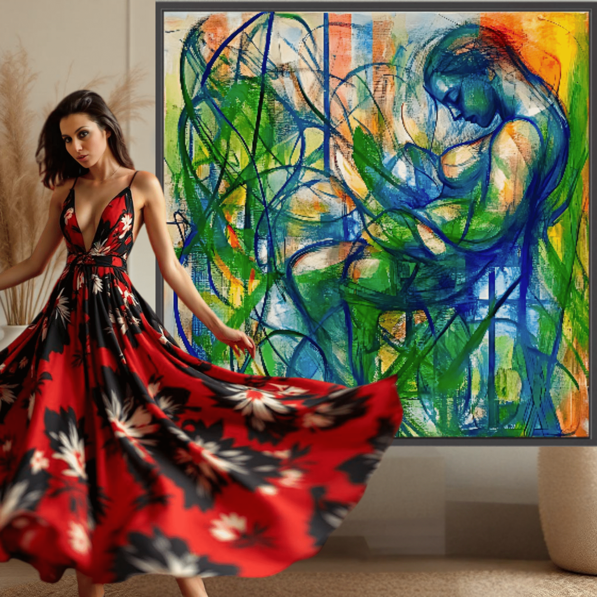 Canvas Print: "Serene Entanglement" - Abstract Figurative Wall Art modern abstract canvas wall art by Rossetti Art – luxury interior design artwork for living room, bedroom, office – Abstract figurative canvas print Dynamic figurative artwork for home decor Large abstract portrait canvas print