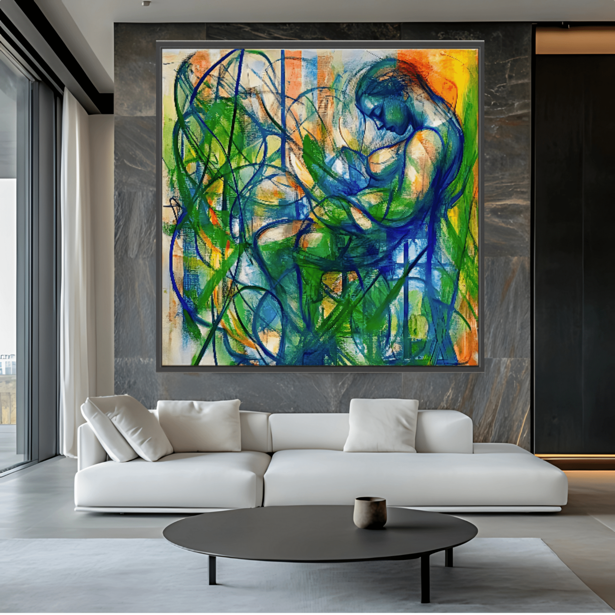 Canvas Print: "Serene Entanglement" - Abstract Figurative Wall Art modern abstract canvas wall art by Rossetti Art – luxury interior design artwork for living room, bedroom, office – Abstract figurative canvas print Dynamic figurative artwork for home decor Large abstract portrait canvas print