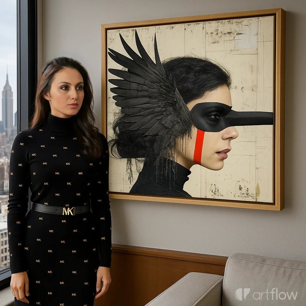Canvas Print : Shadowed Wings - Modern Black Feathered Portrait Wall Decor modern abstract canvas wall art by Rossetti Art – luxury interior design artwork for living room, bedroom, office – Artistic portrait print Black feathered artwork Dark surreal painting