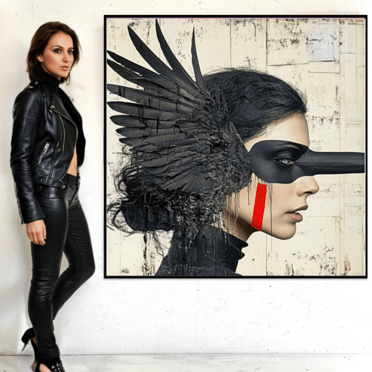 Canvas Print : Shadowed Wings - Modern Black Feathered Portrait Wall Decor modern abstract canvas wall art by Rossetti Art – luxury interior design artwork for living room, bedroom, office – Artistic portrait print Black feathered artwork Dark surreal painting