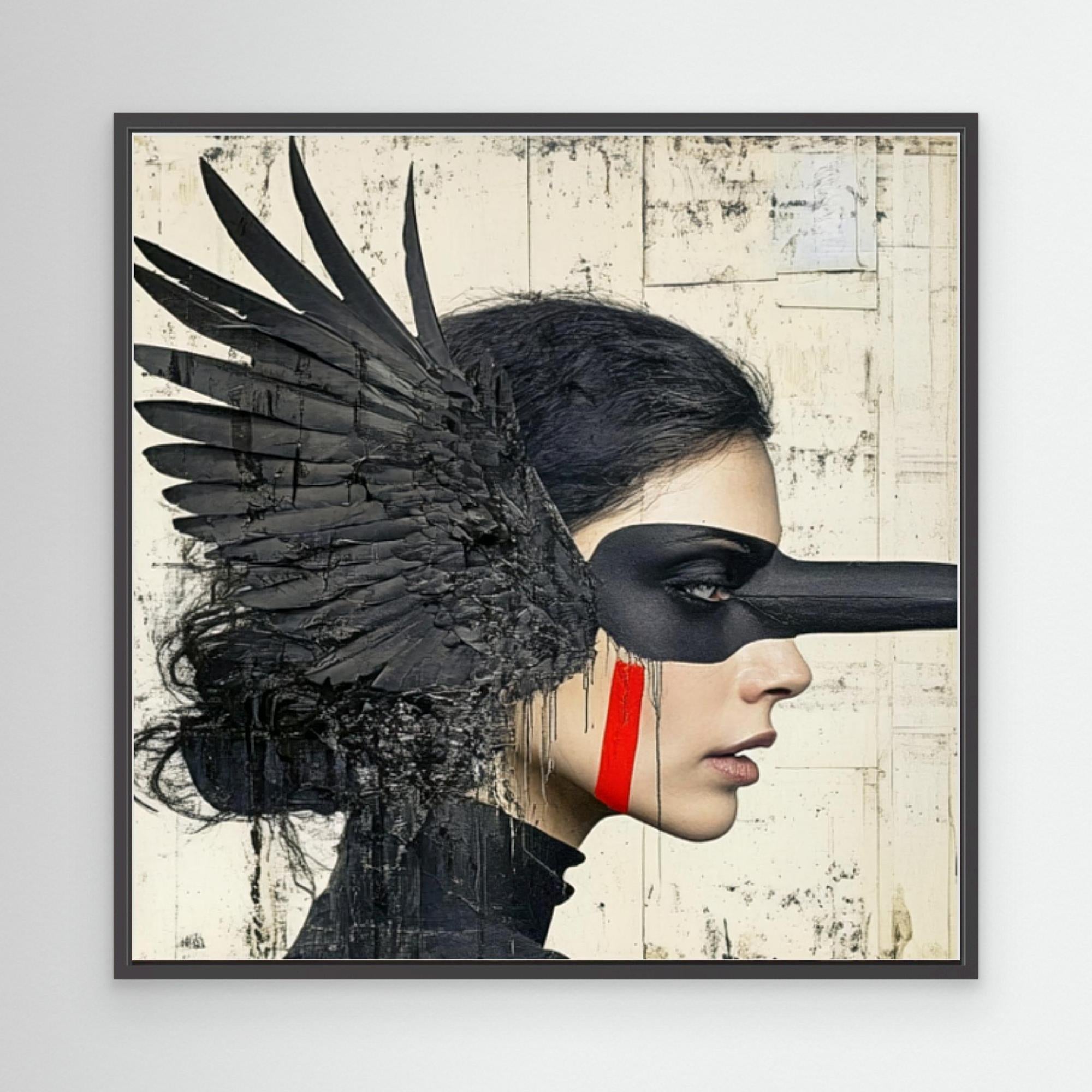 Canvas Print : Shadowed Wings - Modern Black Feathered Portrait Wall Decor modern abstract canvas wall art by Rossetti Art – luxury interior design artwork for living room, bedroom, office – Artistic portrait print Black feathered artwork Dark surreal painting
