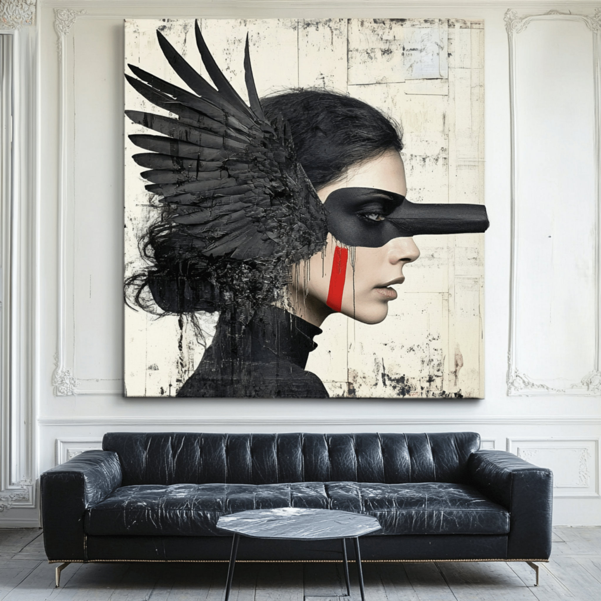 Canvas Print : Shadowed Wings - Modern Black Feathered Portrait Wall Decor modern abstract canvas wall art by Rossetti Art – luxury interior design artwork for living room, bedroom, office – Artistic portrait print Black feathered artwork Dark surreal painting