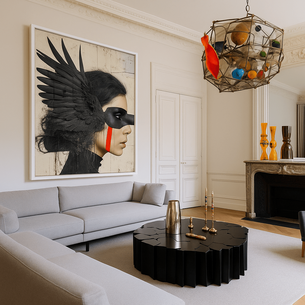 Canvas Print : Shadowed Wings - Modern Black Feathered Portrait Wall Decor modern abstract canvas wall art by Rossetti Art – luxury interior design artwork for living room, bedroom, office – Artistic portrait print Black feathered artwork Dark surreal painting