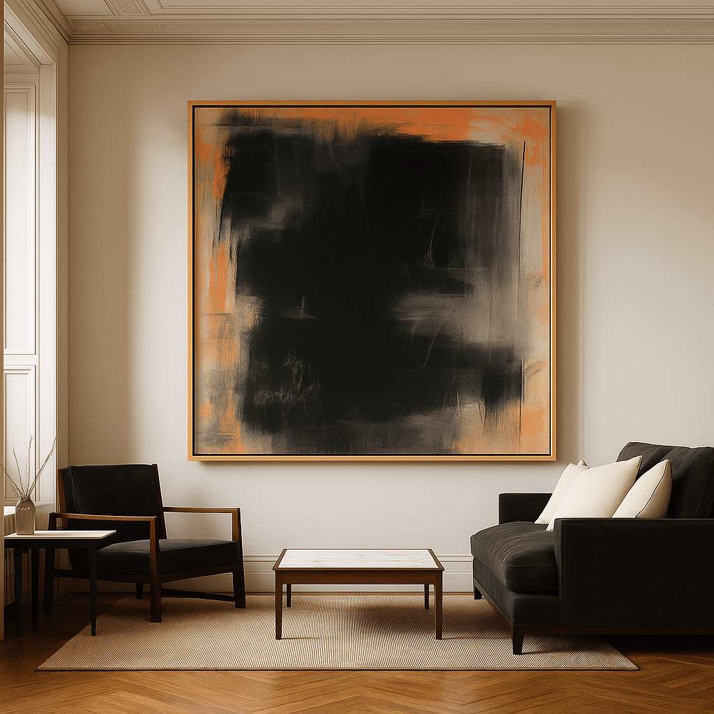 Canvas Print: Silent Ember - Minimalist Abstract Canvas Print in Black & Copper modern abstract canvas wall art by Rossetti Art – luxury interior design artwork for living room, bedroom, office – abstract wall art contemporary wall design extra large canvas wall art for living room