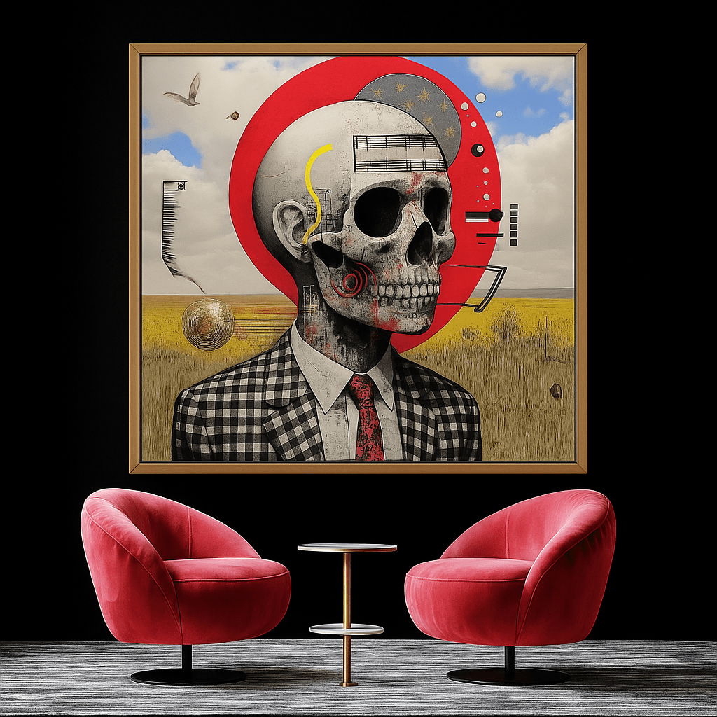 Canvas Print : Skull Reverie - Surreal Skull Art Print – Modern Mixed Media Wall Decor with Red Accents modern abstract canvas wall art by Rossetti Art – luxury interior design artwork for living room, bedroom, office – Abstract skull painting Artistic skull decor Black and white artwork