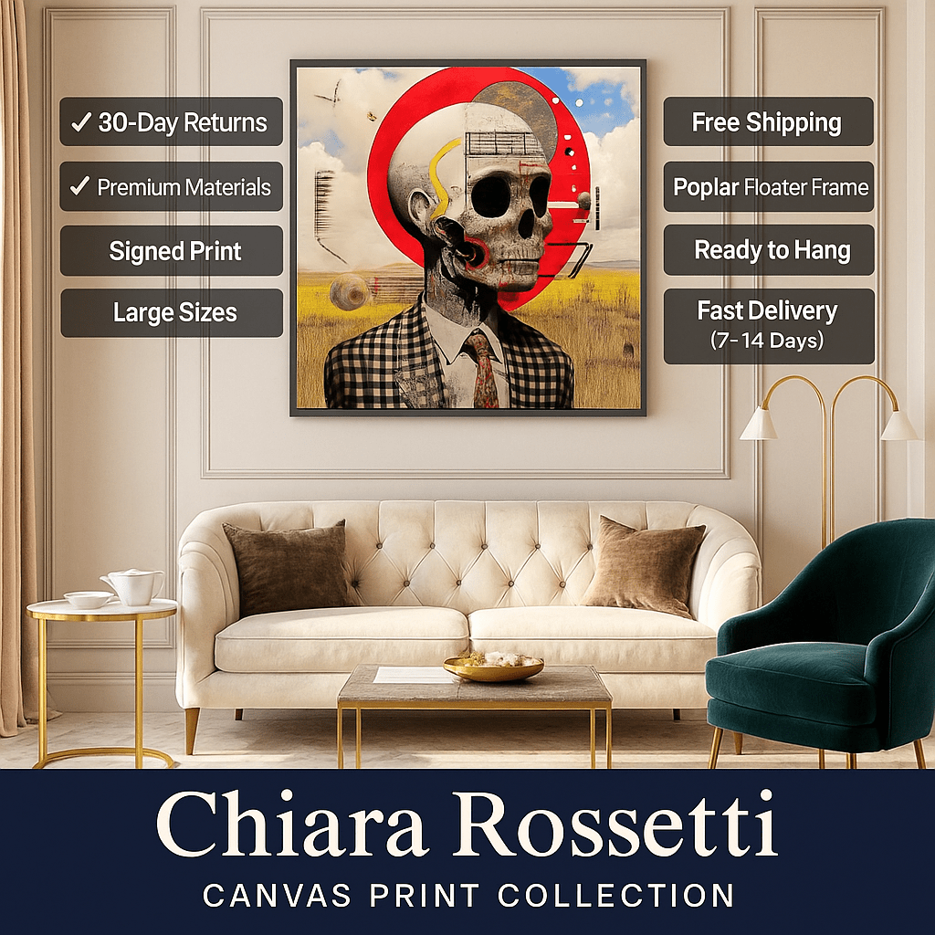 Canvas Print : Skull Reverie - Surreal Skull Art Print – Modern Mixed Media Wall Decor with Red Accents modern abstract canvas wall art by Rossetti Art – luxury interior design artwork for living room, bedroom, office – Abstract skull painting Artistic skull decor Black and white artwork