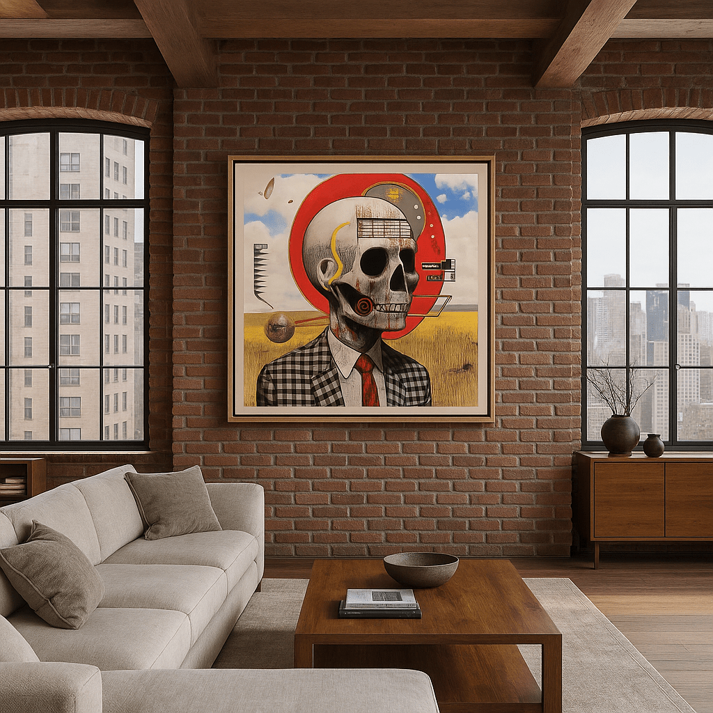 Canvas Print : Skull Reverie - Surreal Skull Art Print – Modern Mixed Media Wall Decor with Red Accents modern abstract canvas wall art by Rossetti Art – luxury interior design artwork for living room, bedroom, office – Abstract skull painting Artistic skull decor Black and white artwork
