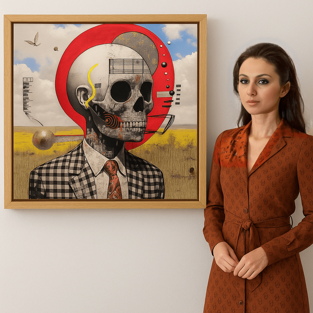 Canvas Print : Skull Reverie - Surreal Skull Art Print – Modern Mixed Media Wall Decor with Red Accents modern abstract canvas wall art by Rossetti Art – luxury interior design artwork for living room, bedroom, office – Abstract skull painting Artistic skull decor Black and white artwork