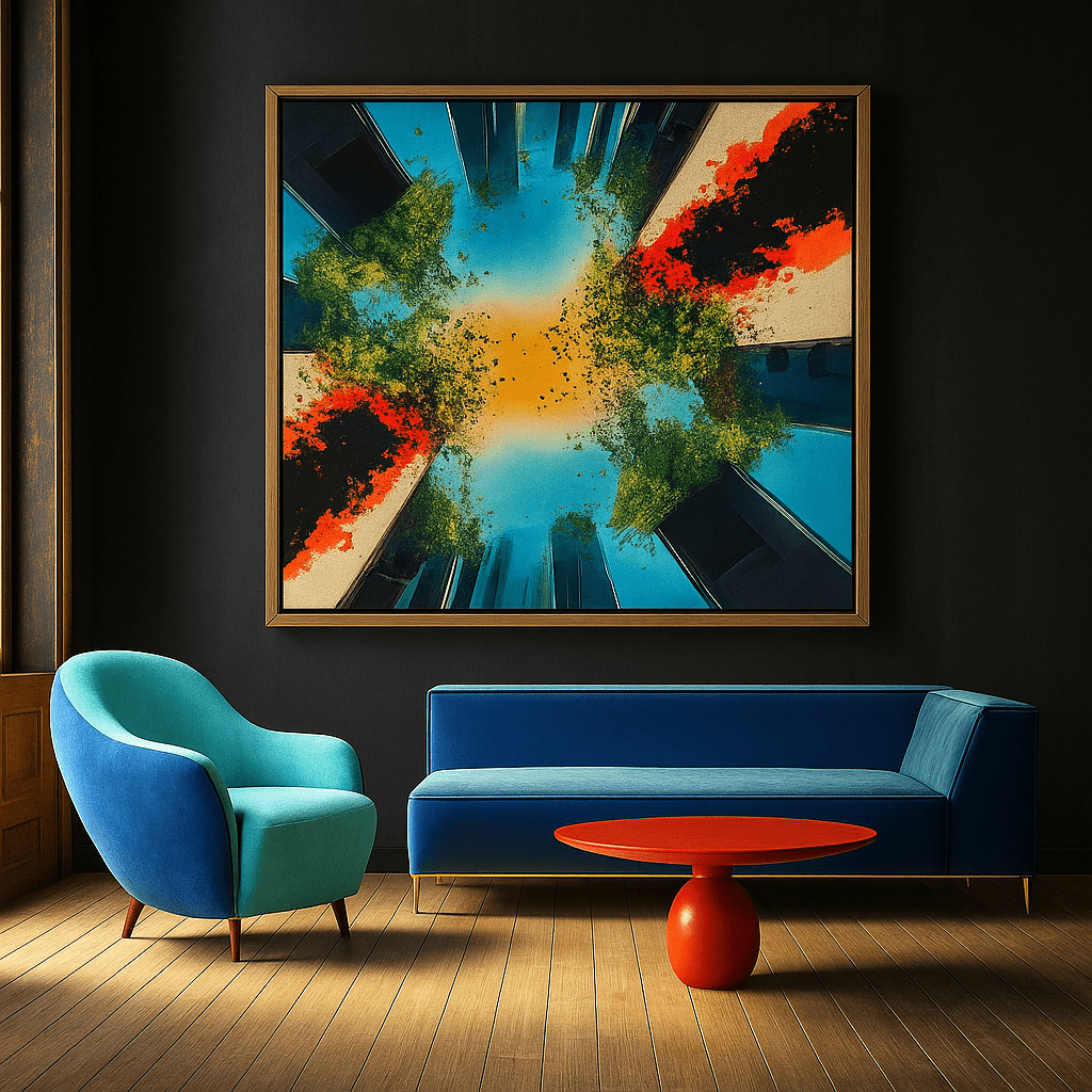 Canvas Print : Skyward Symphony - Abstract Urban Nature Art modern abstract canvas wall art by Rossetti Art – luxury interior design artwork for living room, bedroom, office – Abstract Cityscape Art Contemporary Canvas Art Skyward Symphony
