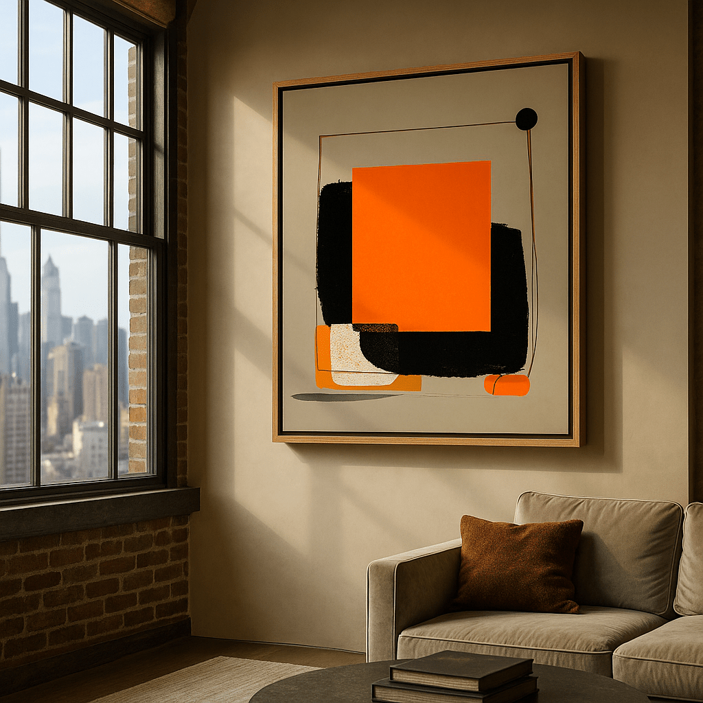 Canvas Print: Solar Equilibrium – Modern Abstract Canvas Print in Orange, Black & Beige | Luxury Geometric Wall Art by Chiara Rossetti modern abstract canvas wall art by Rossetti Art – luxury interior design artwork for living room, bedroom, office – abstract wall art canvas print art Chiara Rossetti
