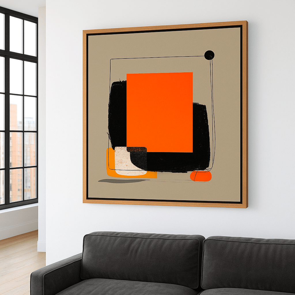 Canvas Print: Solar Equilibrium – Modern Abstract Canvas Print in Orange, Black & Beige | Luxury Geometric Wall Art by Chiara Rossetti modern abstract canvas wall art by Rossetti Art – luxury interior design artwork for living room, bedroom, office – abstract wall art canvas print art Chiara Rossetti