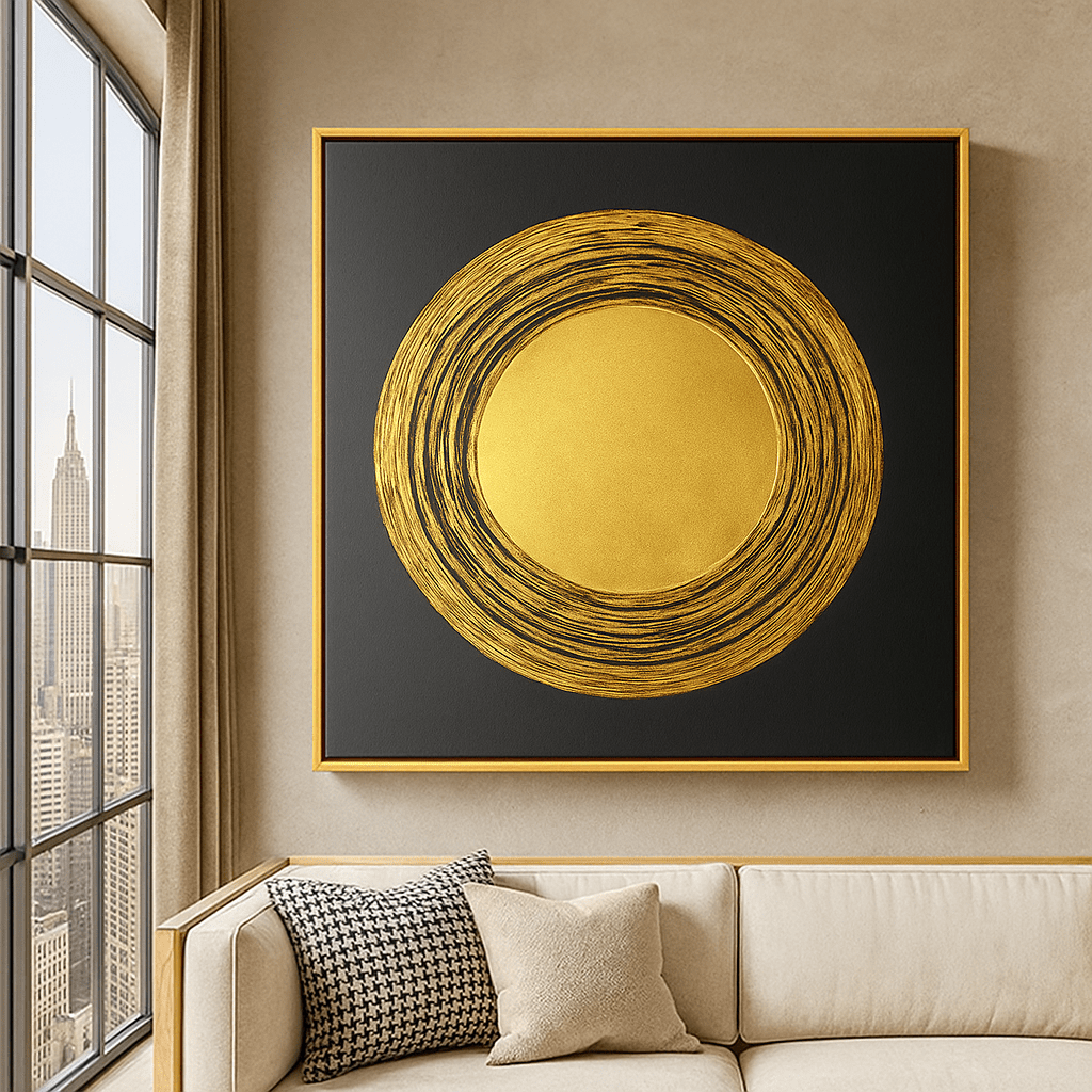 Canvas Print: Solar Essence – Modern Abstract Gold Circle Canvas Print | Minimalist Luxury Wall Art by Rossetti Art modern abstract canvas wall art by Rossetti Art – luxury interior design artwork for living room, bedroom, office – abstractnew canvas print art Chiara Rossetti