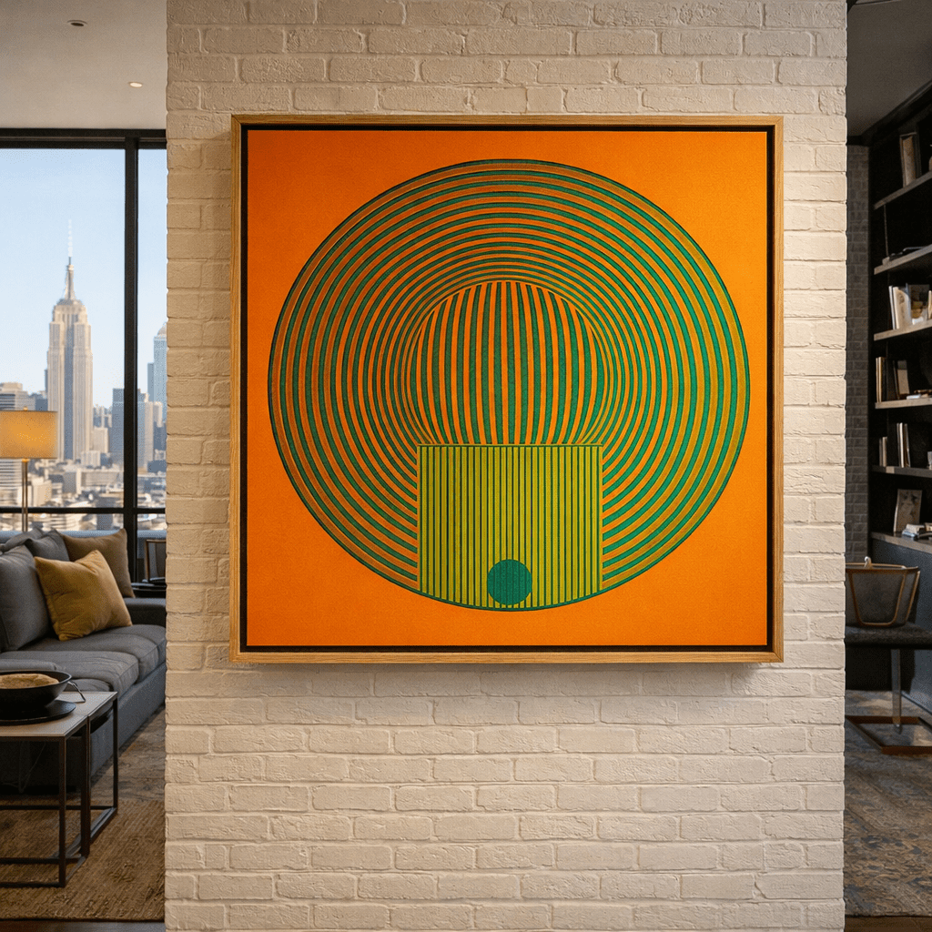 Canvas Print : Solar Pulse - Orange Geometric Canvas Wall Art With Circular Illusion Lines modern abstract canvas wall art by Rossetti Art – luxury interior design artwork for living room, bedroom, office – abstractnew canvas print art Chiara Rossetti