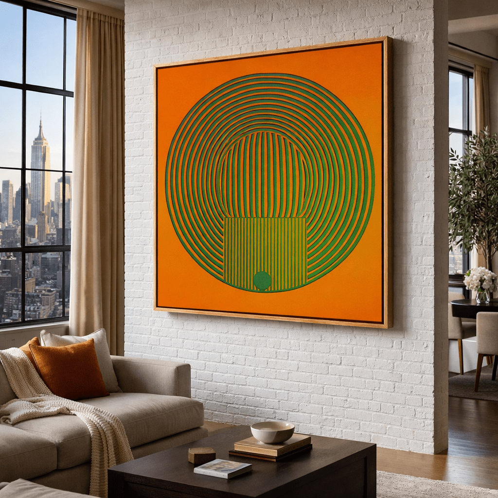 Canvas Print : Solar Pulse - Orange Geometric Canvas Wall Art With Circular Illusion Lines modern abstract canvas wall art by Rossetti Art – luxury interior design artwork for living room, bedroom, office – abstractnew canvas print art Chiara Rossetti