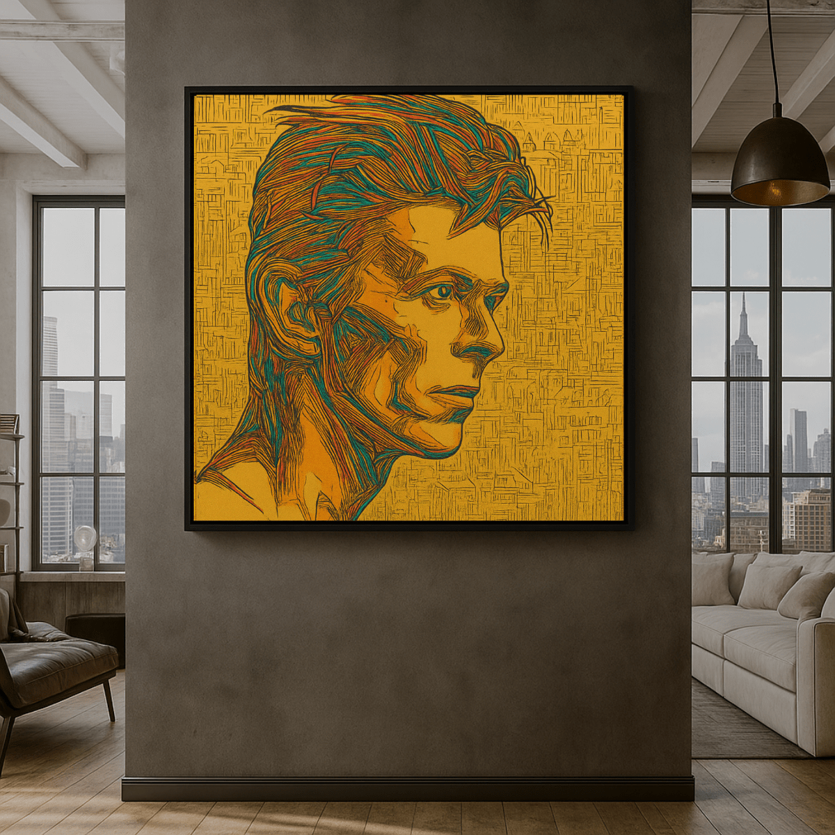 Canvas Print: Stardust Reverie – Cosmic Portrait Canvas Print in Gold & Teal modern abstract canvas wall art by Rossetti Art – luxury interior design artwork for living room, bedroom, office – abstract wall art contemporary wall design extra large canvas wall art for living room