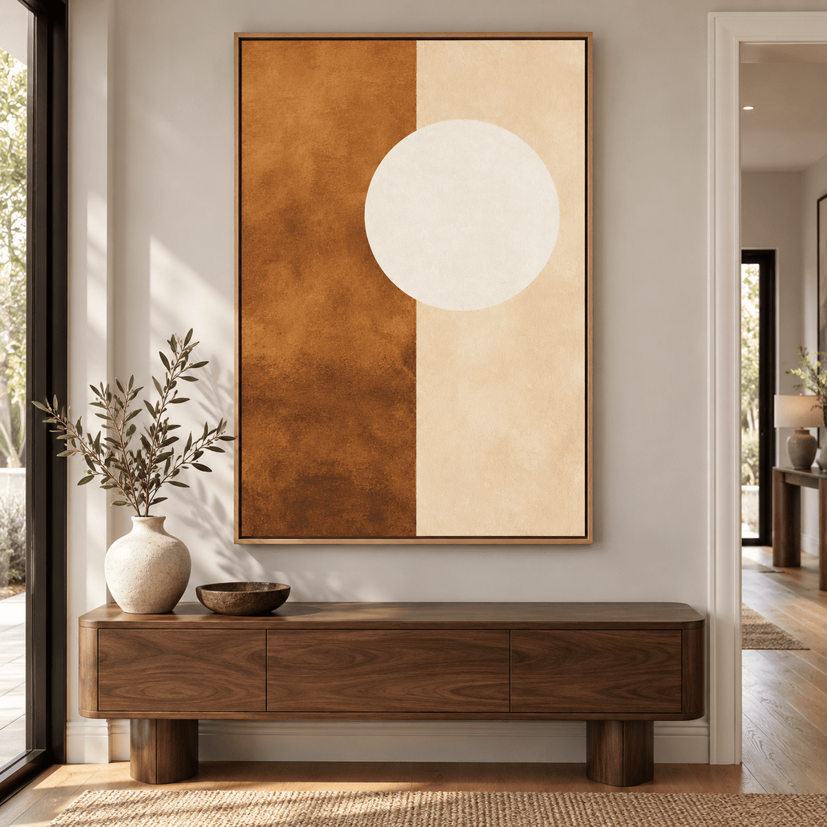 Sun and Moon Wall Art – Sienna Moon by Rossetti Art above a wooden console in an entryway