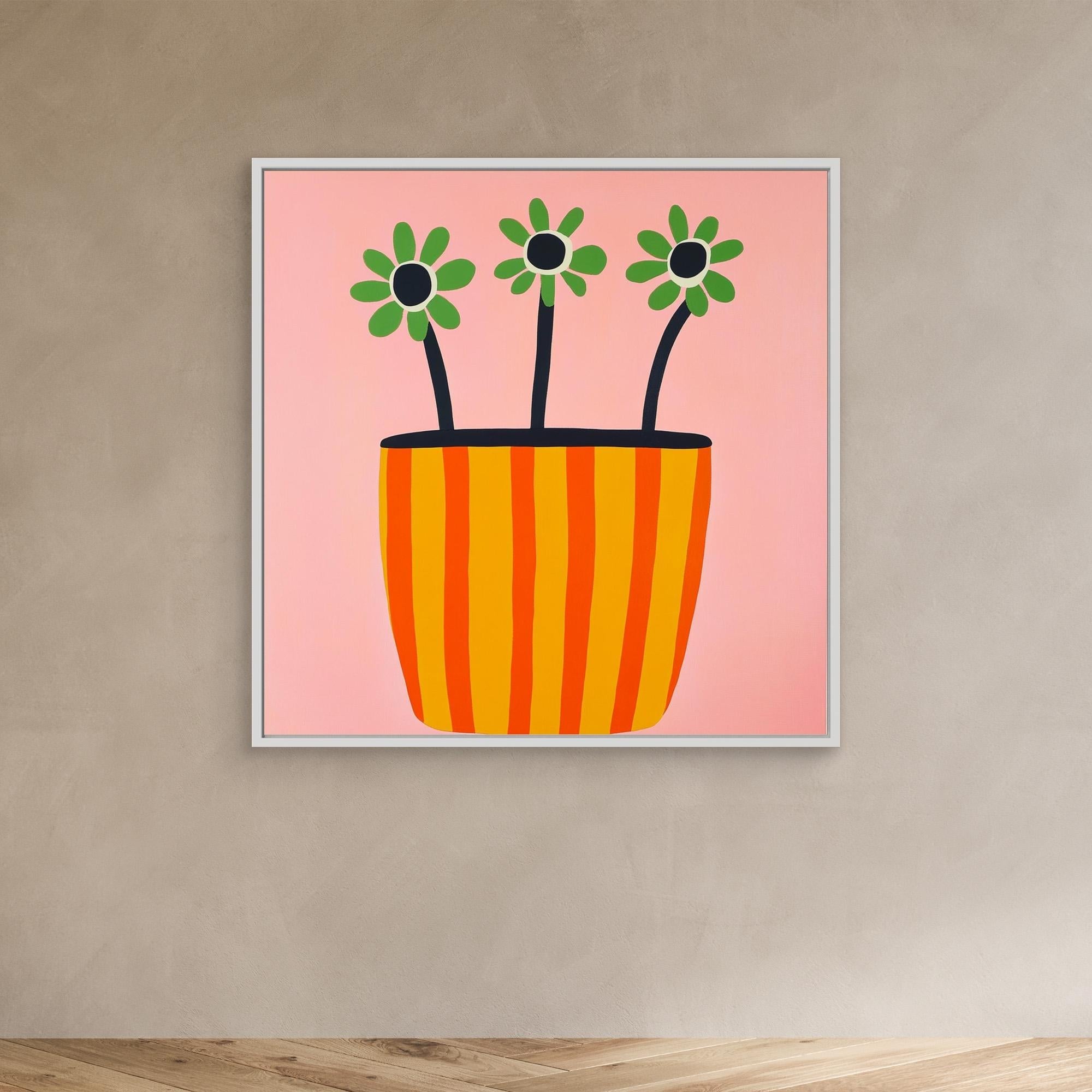 Canvas Print: "Sun - Kissed Blooms in Striped Pot" - Modern Floral Wall Art modern abstract canvas wall art by Rossetti Art – luxury interior design artwork for living room, bedroom, office – Bold floral canvas contemporary floral decor Floral Abstract