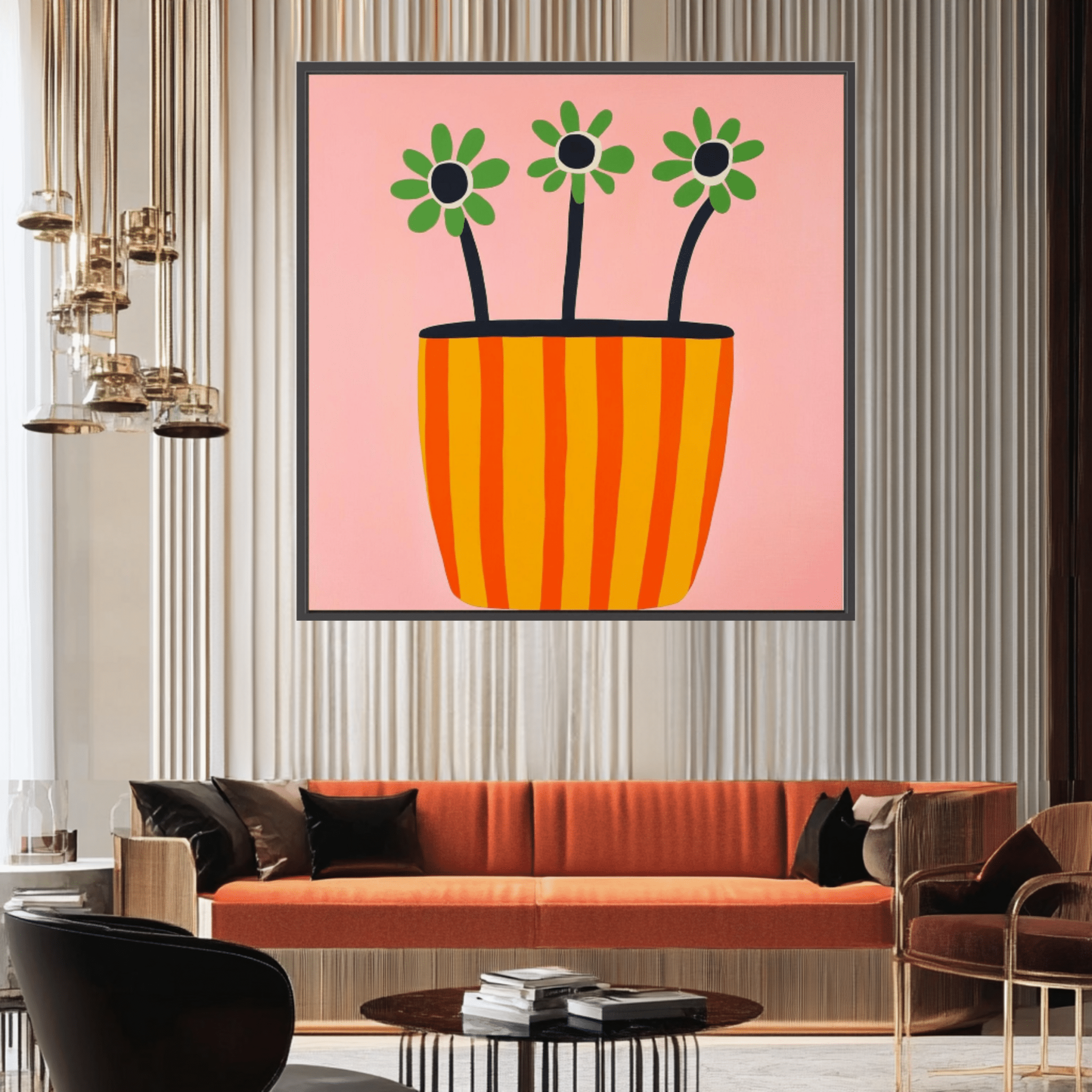 Canvas Print: "Sun - Kissed Blooms in Striped Pot" - Modern Floral Wall Art modern abstract canvas wall art by Rossetti Art – luxury interior design artwork for living room, bedroom, office – Bold floral canvas contemporary floral decor Floral Abstract