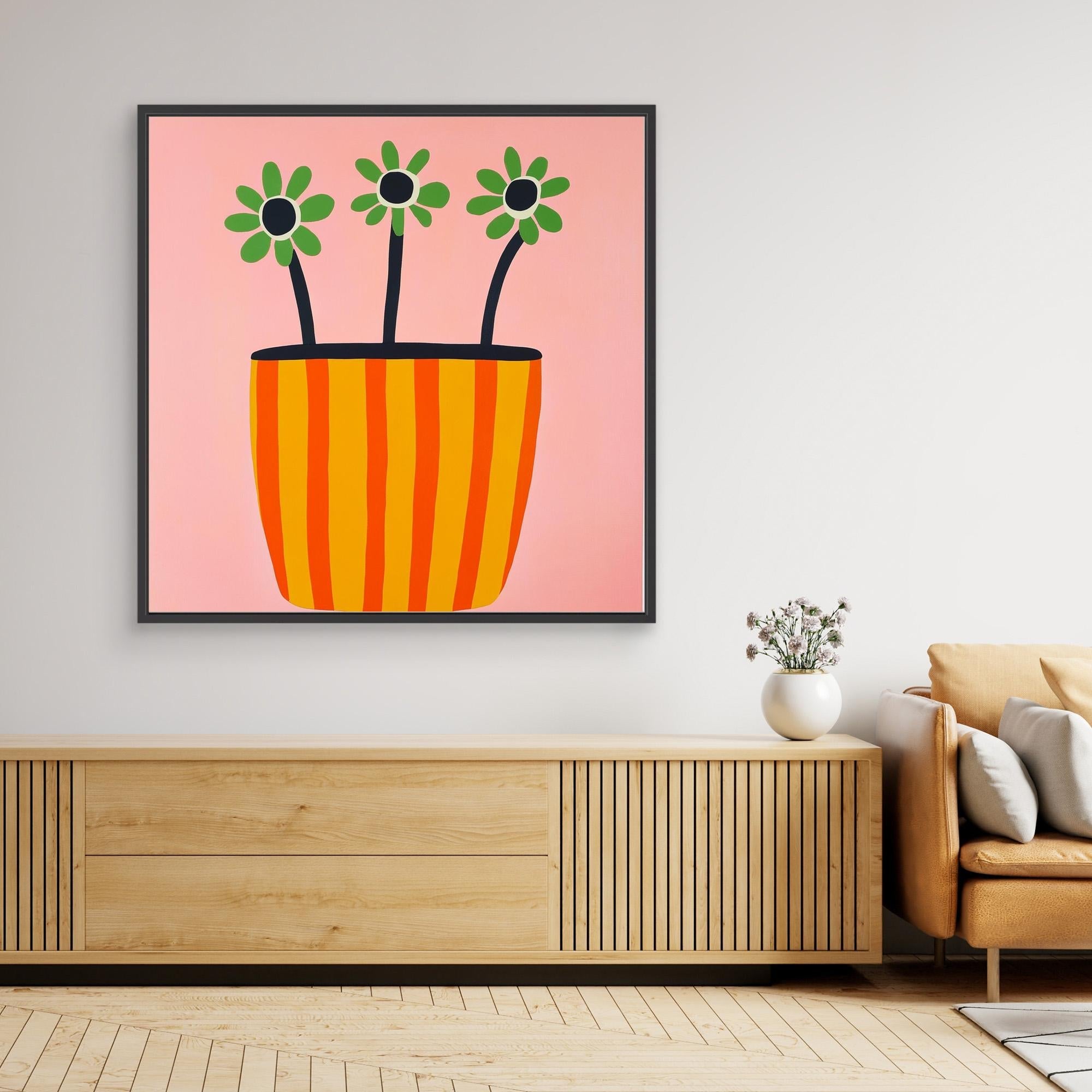 Canvas Print: "Sun - Kissed Blooms in Striped Pot" - Modern Floral Wall Art modern abstract canvas wall art by Rossetti Art – luxury interior design artwork for living room, bedroom, office – Bold floral canvas contemporary floral decor Floral Abstract