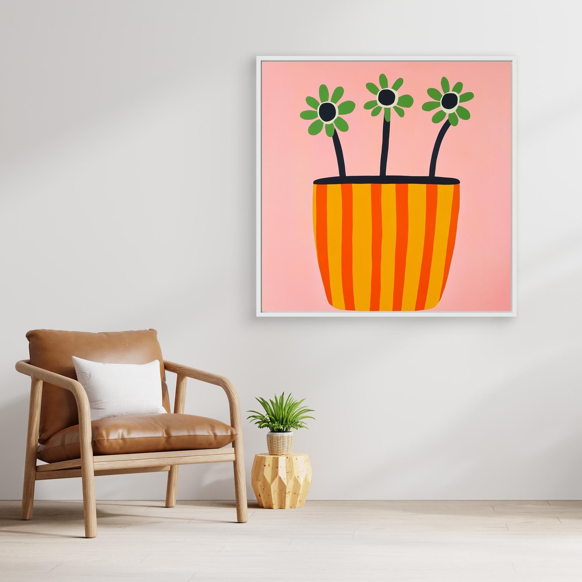 Canvas Print: "Sun - Kissed Blooms in Striped Pot" - Modern Floral Wall Art modern abstract canvas wall art by Rossetti Art – luxury interior design artwork for living room, bedroom, office – Bold floral canvas contemporary floral decor Floral Abstract