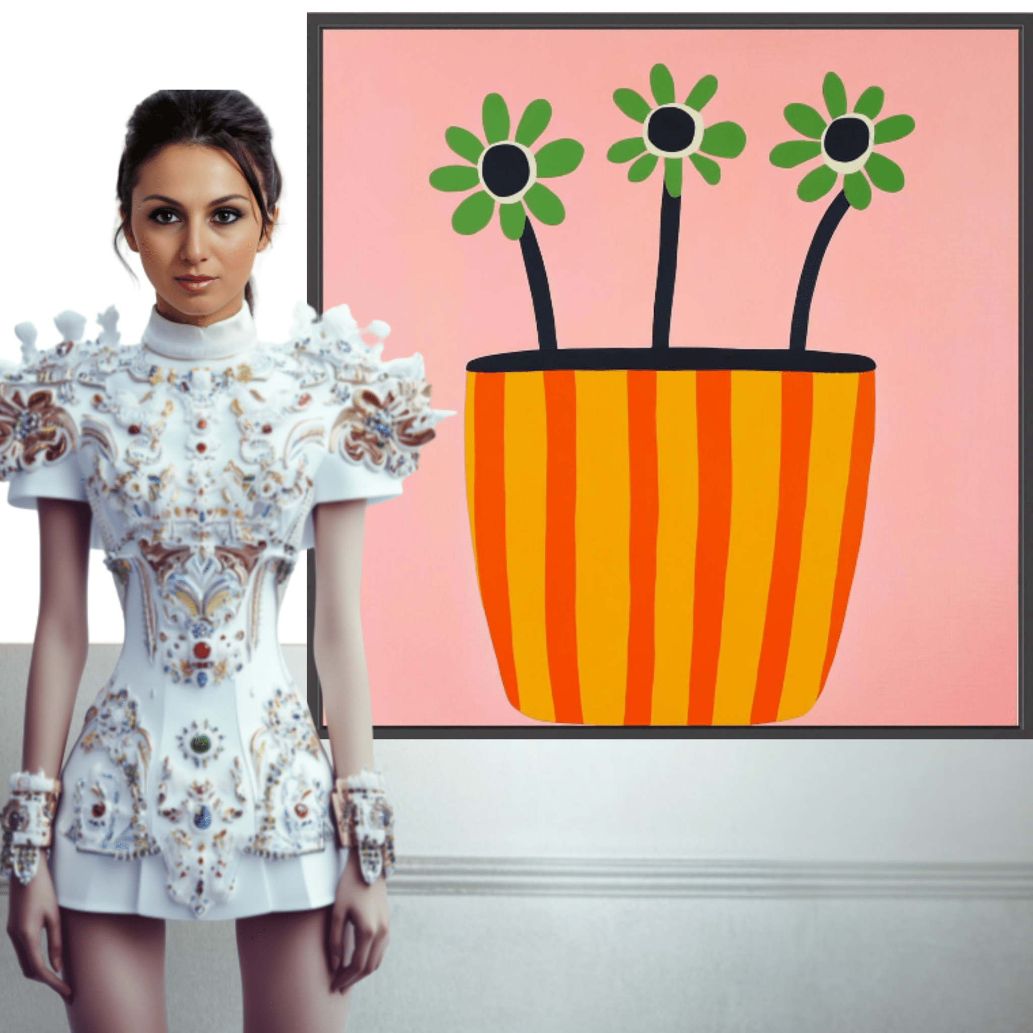 Canvas Print: "Sun - Kissed Blooms in Striped Pot" - Modern Floral Wall Art modern abstract canvas wall art by Rossetti Art – luxury interior design artwork for living room, bedroom, office – Bold floral canvas contemporary floral decor Floral Abstract