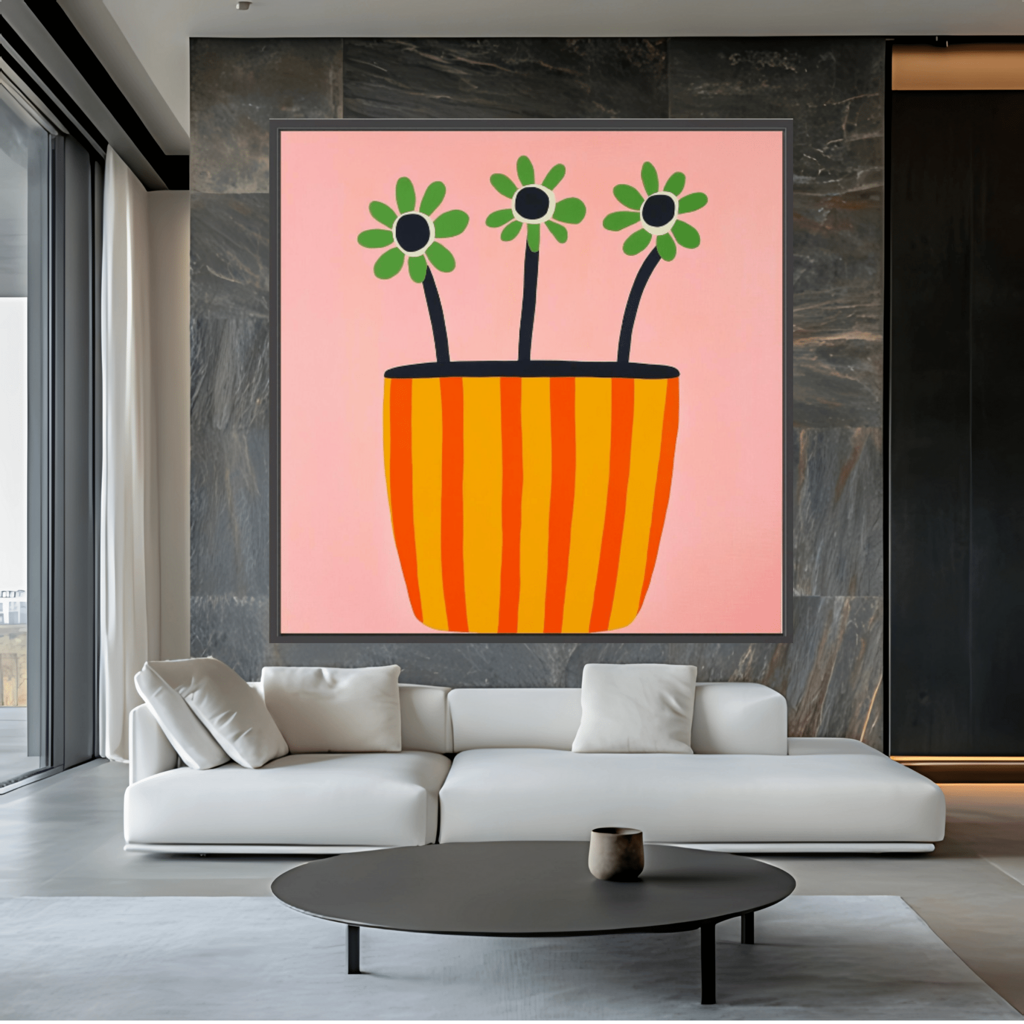 Canvas Print: "Sun - Kissed Blooms in Striped Pot" - Modern Floral Wall Art modern abstract canvas wall art by Rossetti Art – luxury interior design artwork for living room, bedroom, office – Bold floral canvas contemporary floral decor Floral Abstract