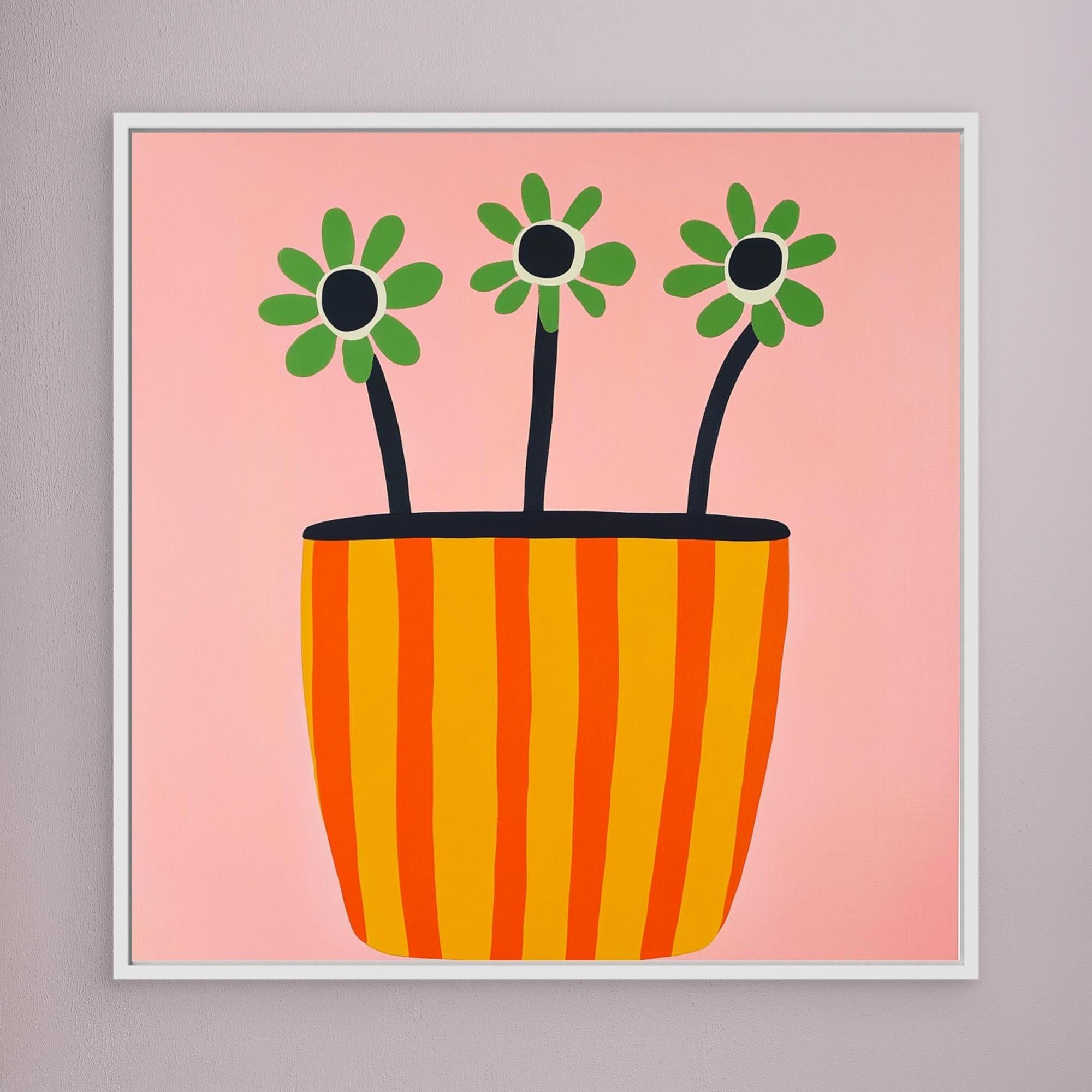 Canvas Print: "Sun - Kissed Blooms in Striped Pot" - Modern Floral Wall Art modern abstract canvas wall art by Rossetti Art – luxury interior design artwork for living room, bedroom, office – Bold floral canvas contemporary floral decor Floral Abstract