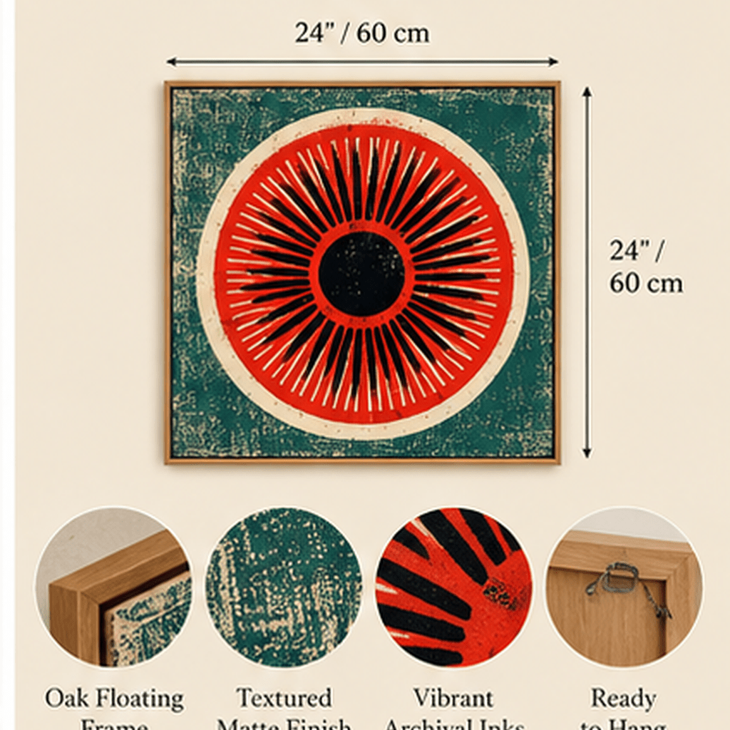 Product infographic for red teal sunburst canvas print with oak floating frame