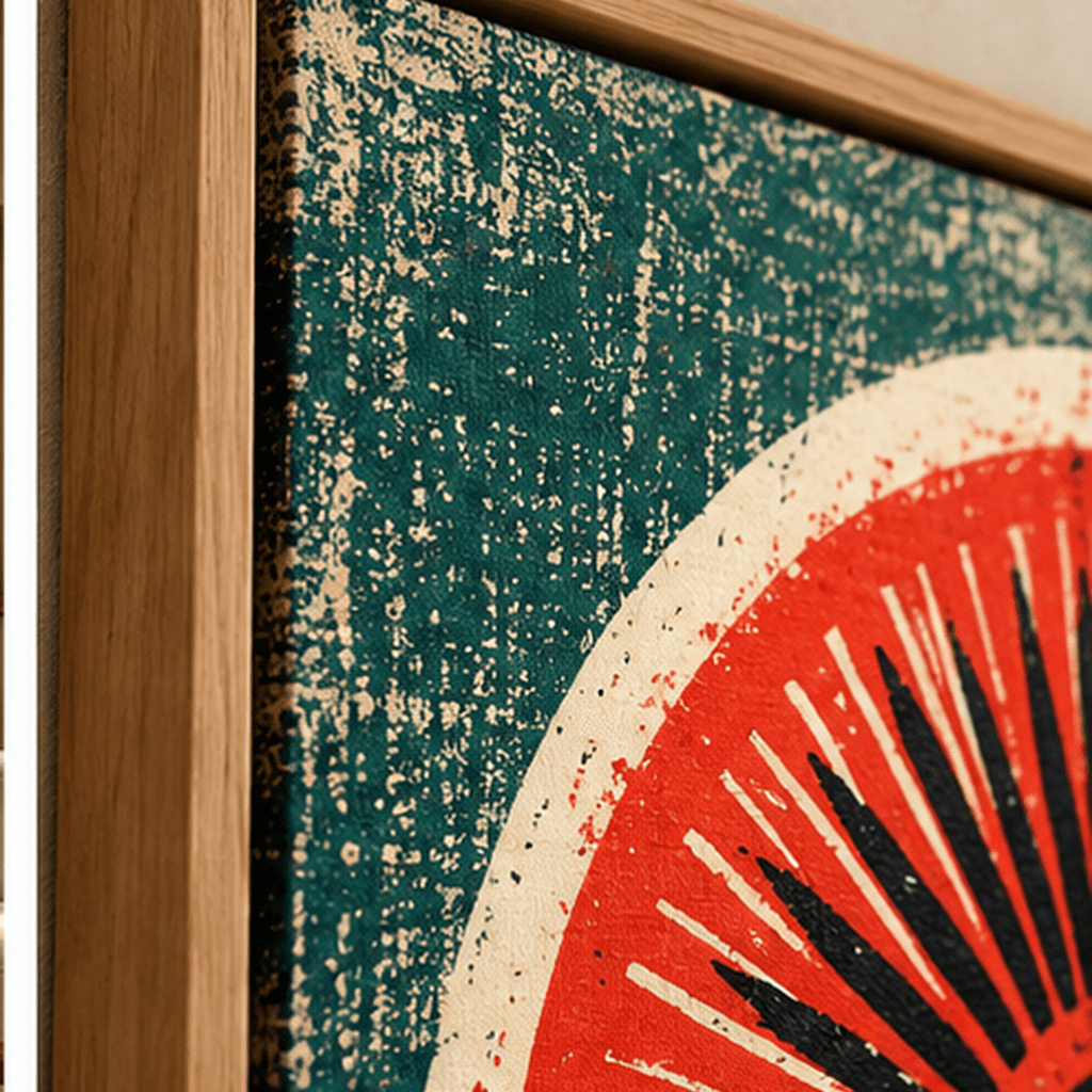 Close-up of red teal sunburst canvas print texture and oak floating frame corner