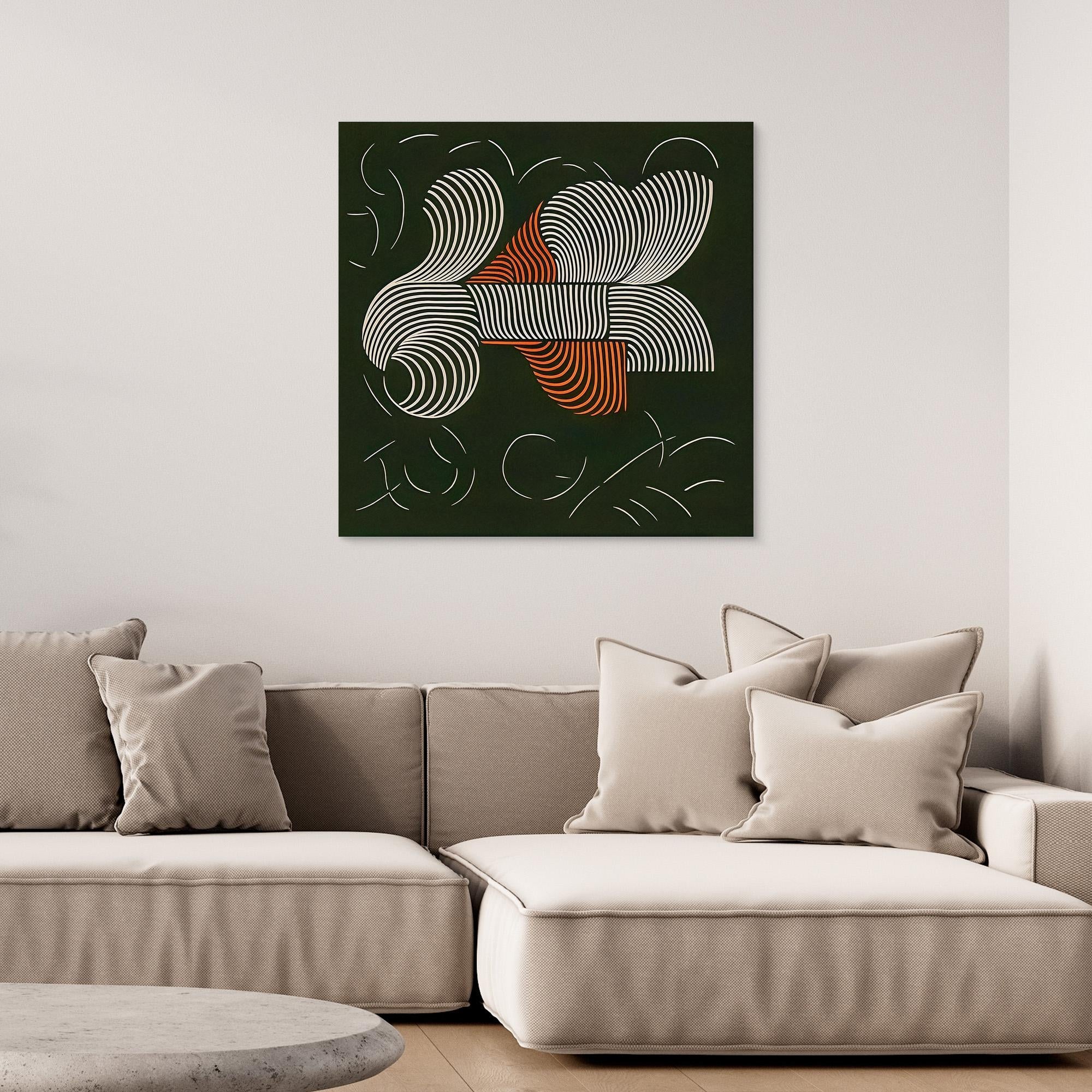 Canvas Print: "Symphonic Curves" – Abstract Line Art Black and White and Terracotta modern abstract canvas wall art by Rossetti Art – luxury interior design artwork for living room, bedroom, office – abstract geometric wall art Abstract Line Art Terracotta Wall Art