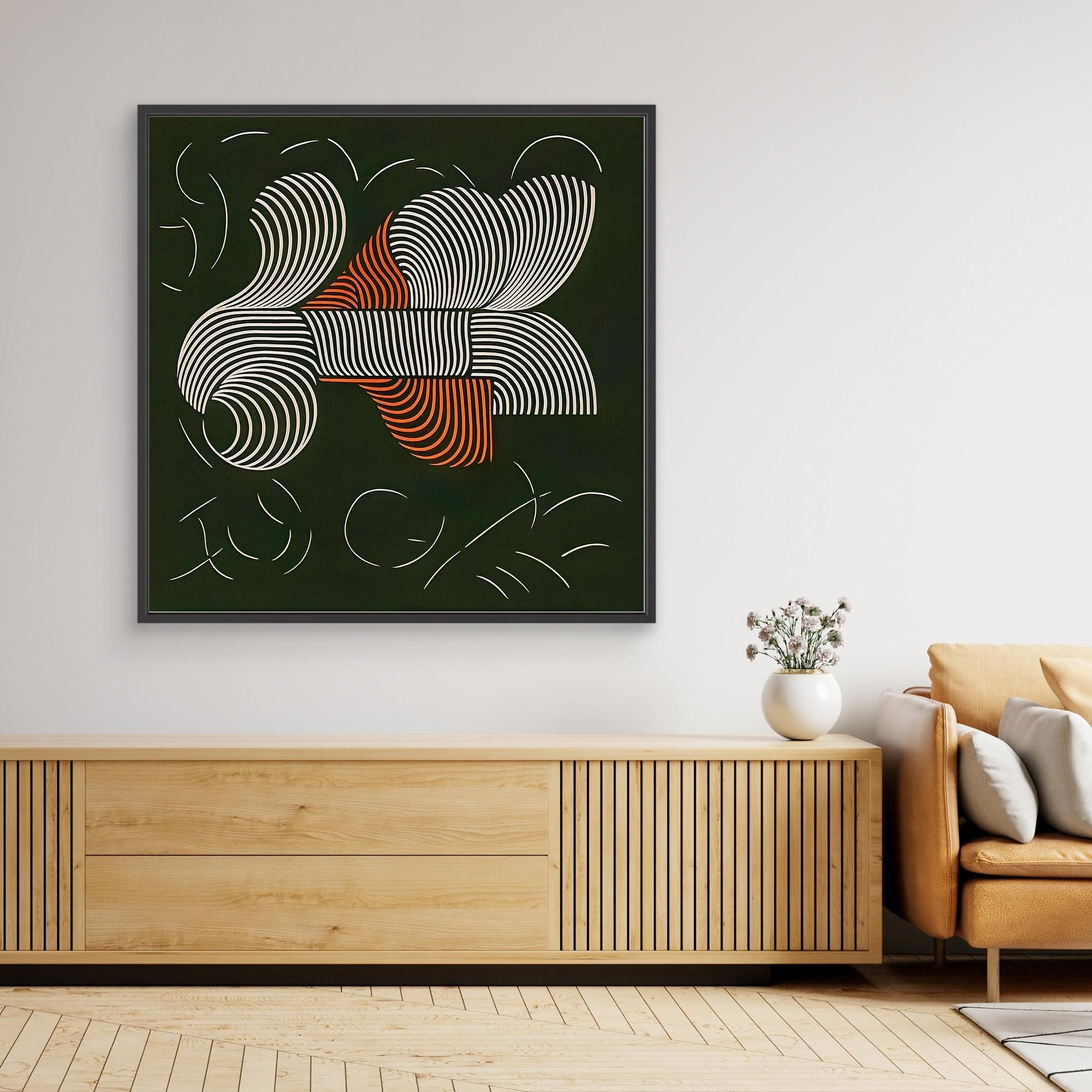 Canvas Print: "Symphonic Curves" – Abstract Line Art Black and White and Terracotta modern abstract canvas wall art by Rossetti Art – luxury interior design artwork for living room, bedroom, office – abstract geometric wall art Abstract Line Art Terracotta Wall Art