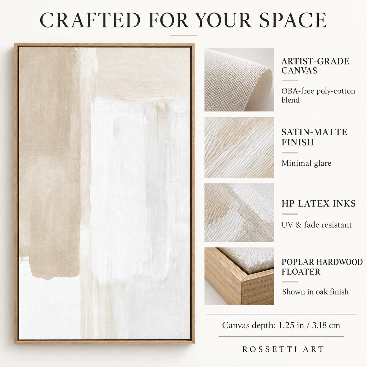 Taupe Wall Art – Oat Field by Rossetti Art, canvas and floater frame details