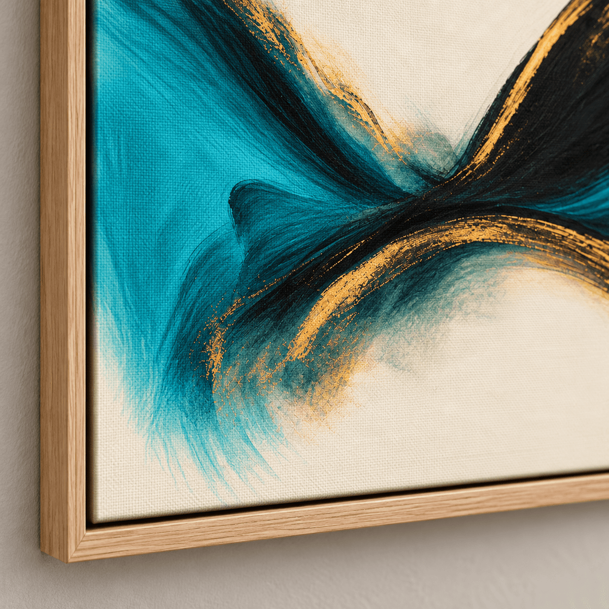 Teal and Black Abstract Wall Art – Close-up of Brushwork and Floater Frame Corner by Rossetti Art