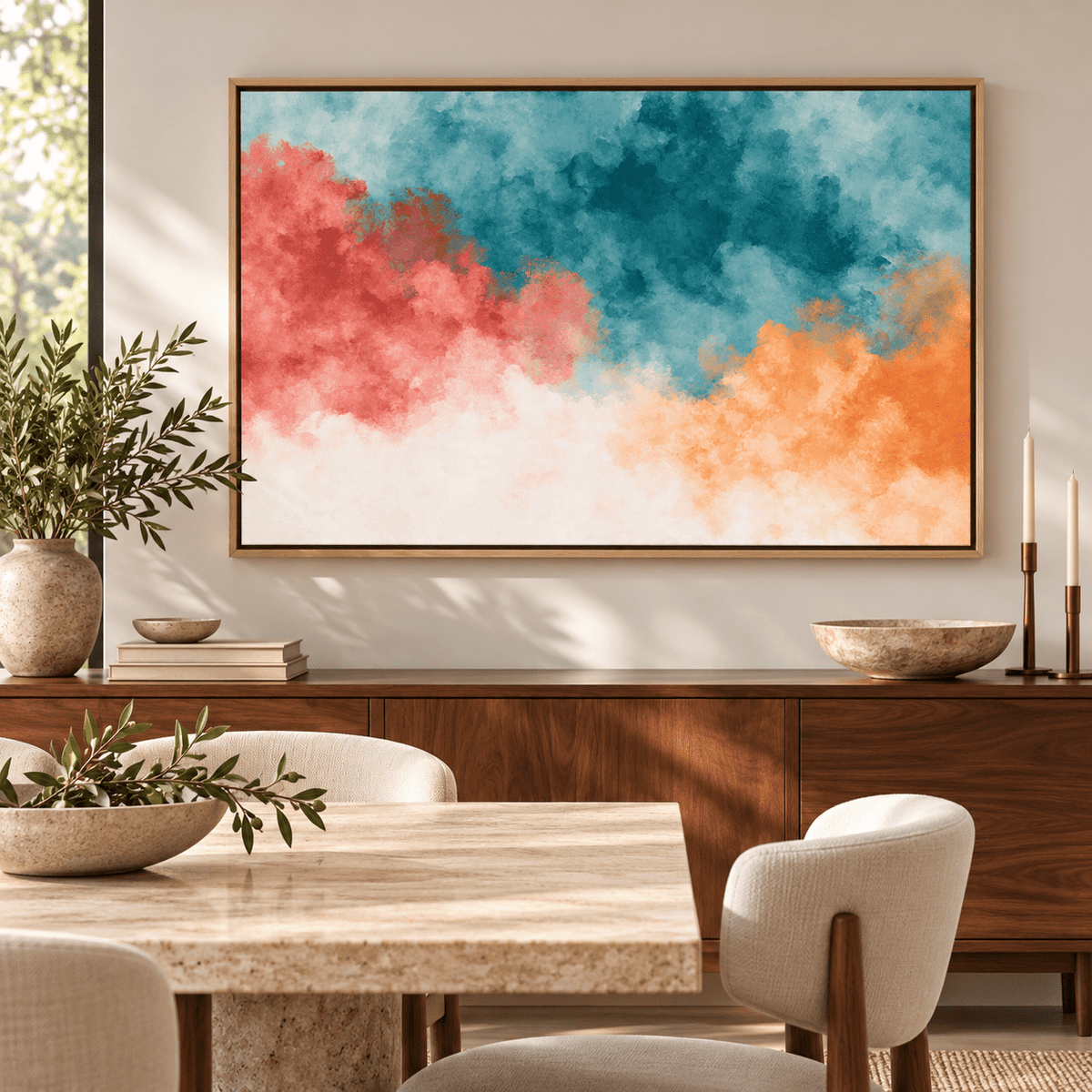 Teal and orange wall art Tidal Bloom above a wooden sideboard in a dining room