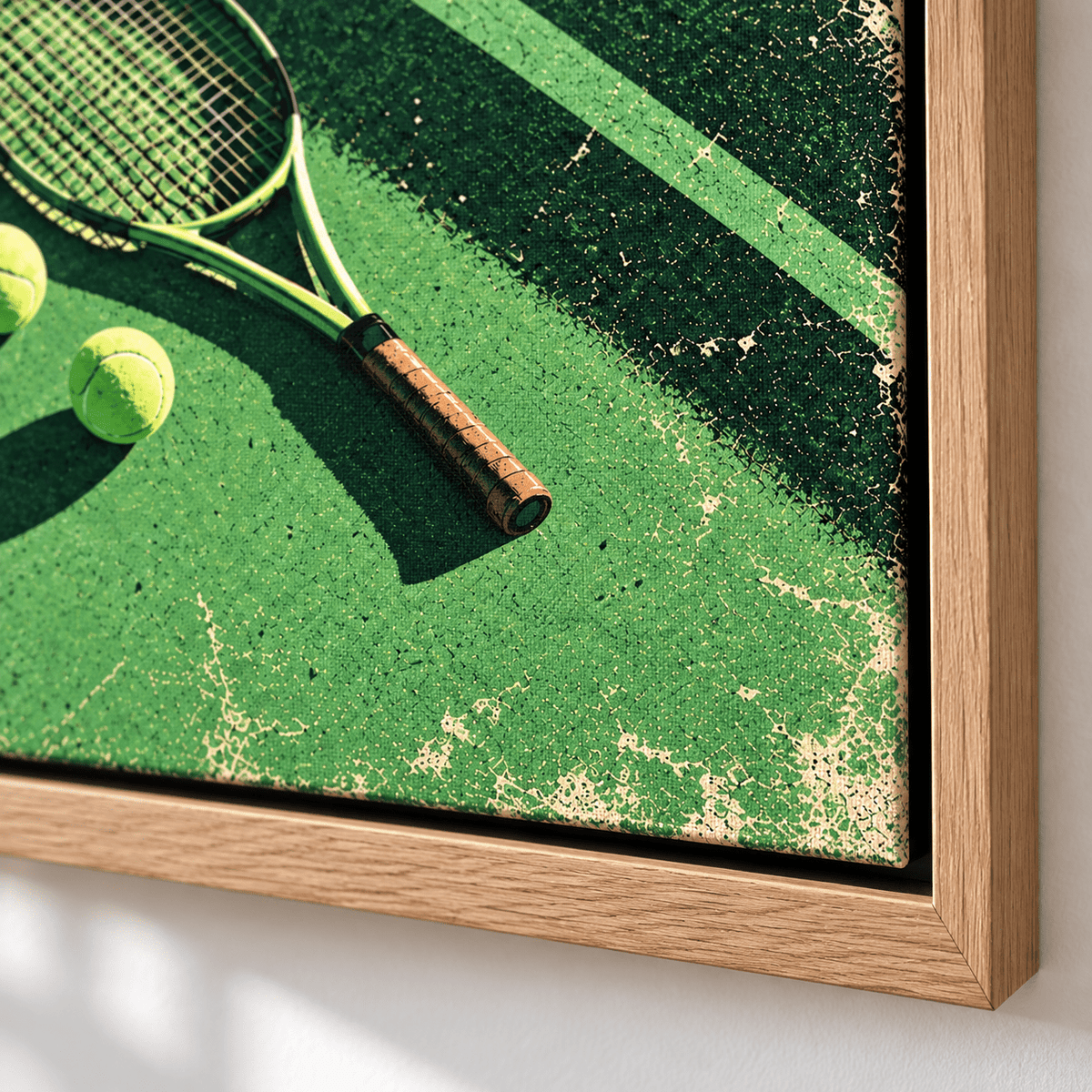 Tennis Wall Art – Match Point canvas print, oak floater frame corner detail by Rossetti Art