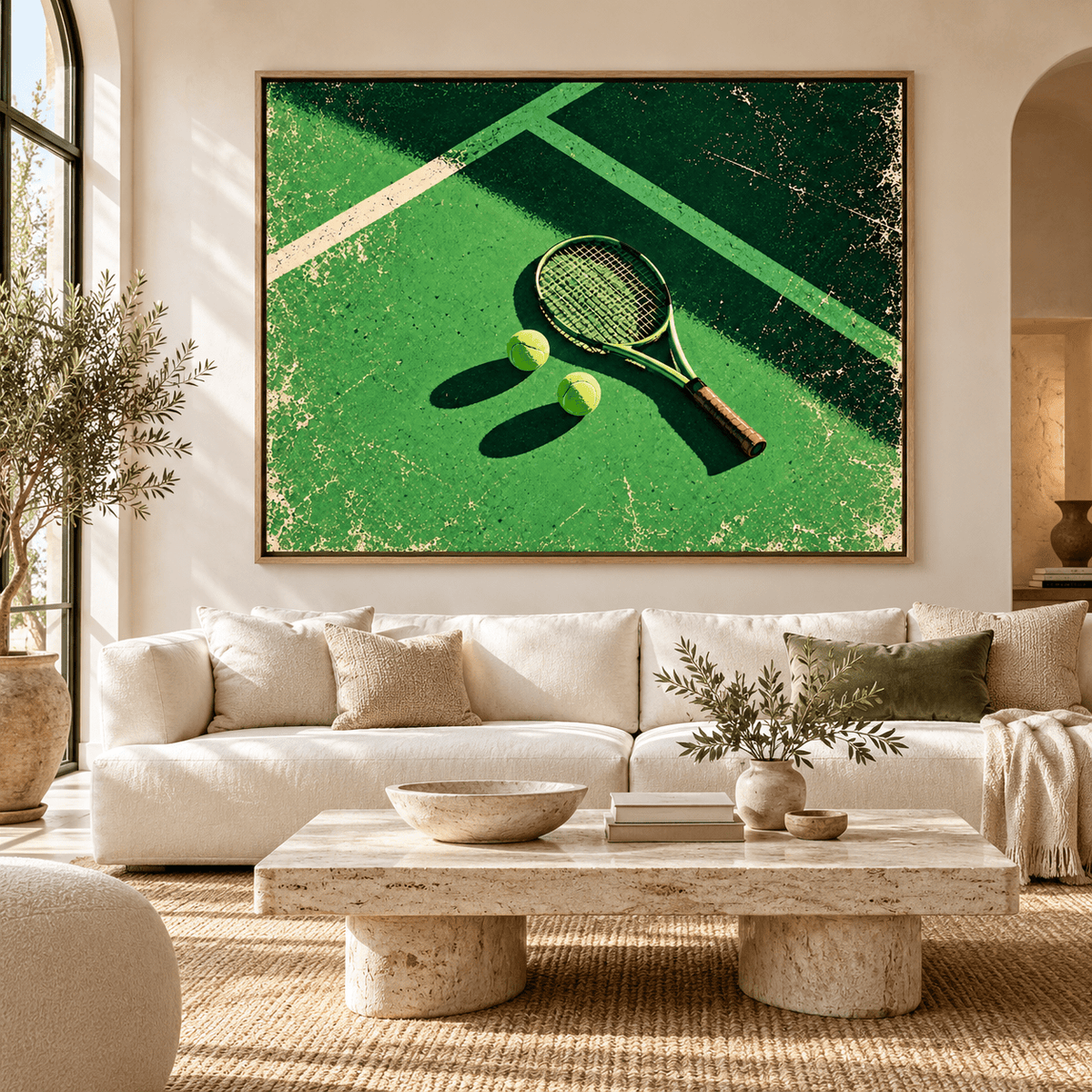 Tennis Wall Art – Match Point framed canvas print above a sofa by Rossetti Art