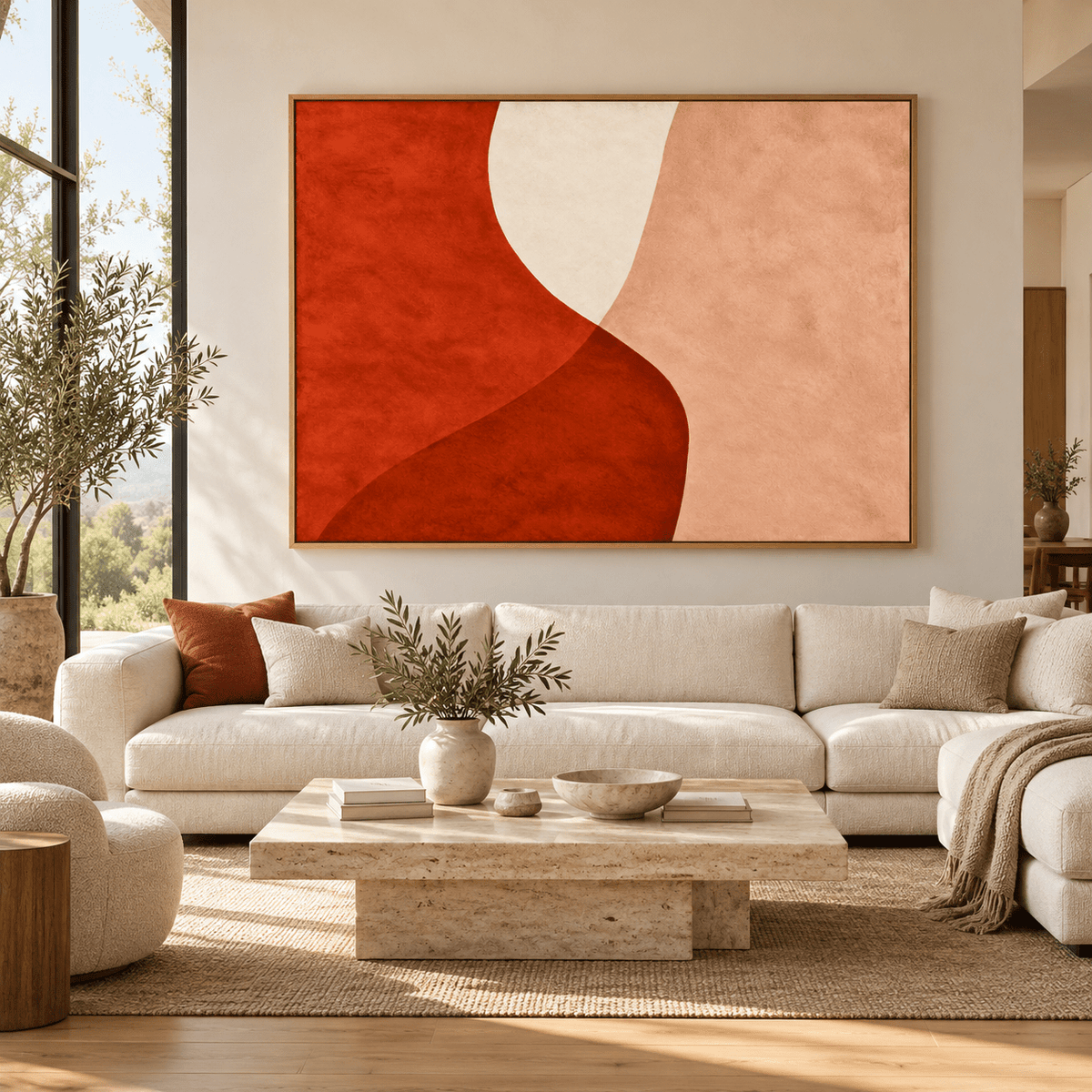 Terracotta Abstract Wall Art – Clay Tide canvas print by Rossetti Art above a cream sofa in a bright living room