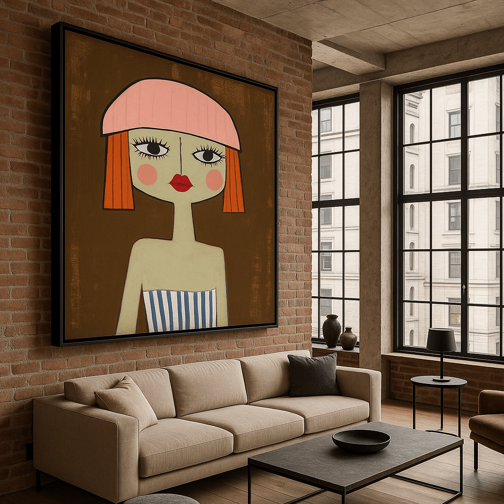 Canvas Print : "The Dreamer in Stripes" - Whimsical Female Portrait Minimalist Wall Art modern abstract canvas wall art by Rossetti Art β luxury interior design artwork for living room, bedroom, office β contemporary art piece Contemporary Canvas Art Contemporary canvas print