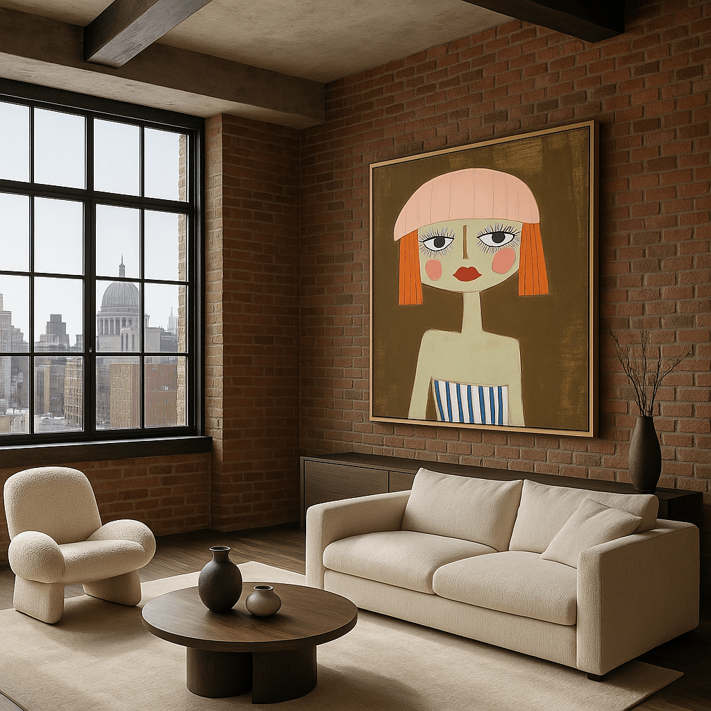 Canvas Print : "The Dreamer in Stripes" - Whimsical Female Portrait Minimalist Wall Art modern abstract canvas wall art by Rossetti Art β luxury interior design artwork for living room, bedroom, office β contemporary art piece Contemporary Canvas Art Contemporary canvas print