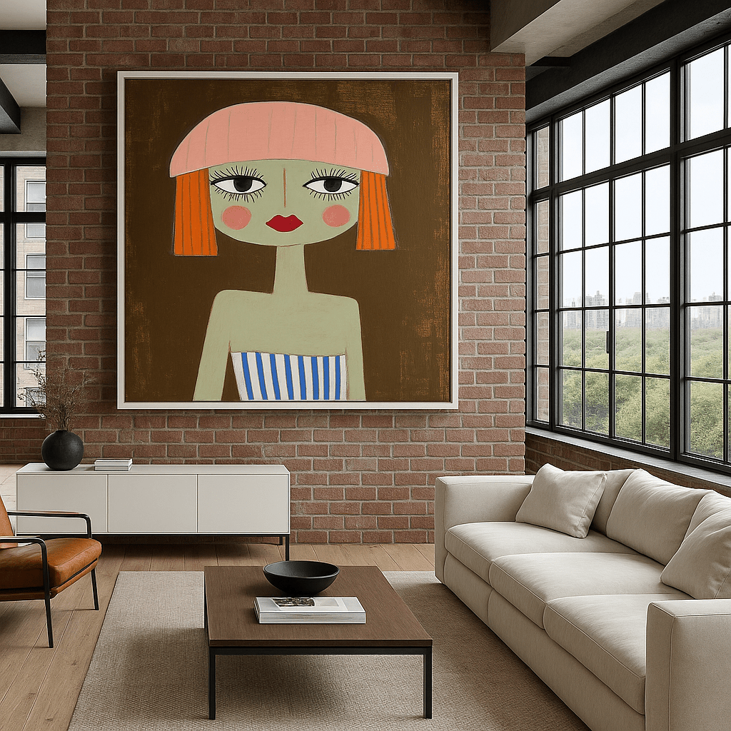Canvas Print : "The Dreamer in Stripes" - Whimsical Female Portrait Minimalist Wall Art modern abstract canvas wall art by Rossetti Art β luxury interior design artwork for living room, bedroom, office β contemporary art piece Contemporary Canvas Art Contemporary canvas print
