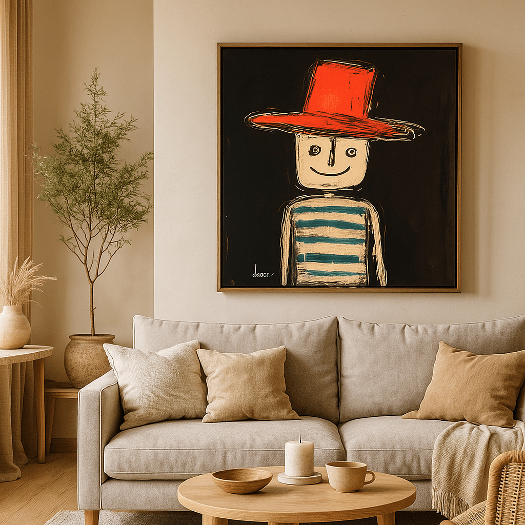 Canvas Print: The Red Hat – Playful Modern Canvas Print for Cozy Interiors modern abstract canvas wall art by Rossetti Art – luxury interior design artwork for living room, bedroom, office – canvas print art Chiara Rossetti figurative